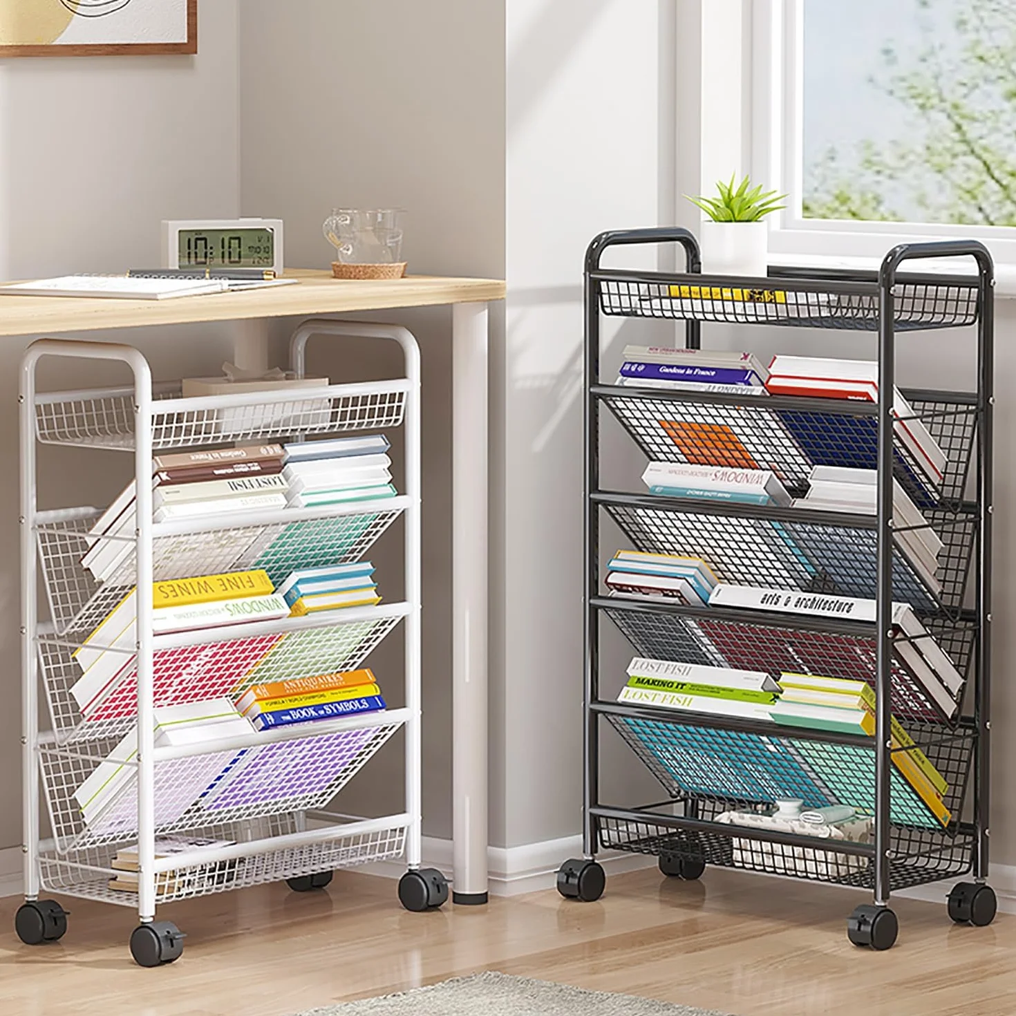 Carro para Libros con Ruedas, estantería móvil con Ruedas, Carrito Organizador de Almacenamiento de Escritorio Compacto, estanterías metálicas para el Suelo/Estante de exhibición de Esquina,