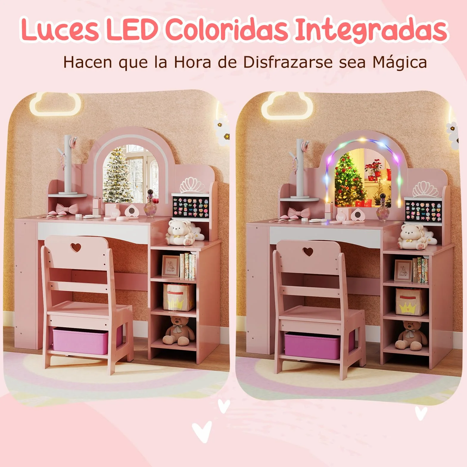 COSTWAY Tocador Niña con Espejo y Luces, Mesa de Maquillaje con Estantes y Caja de Tela, Rosa