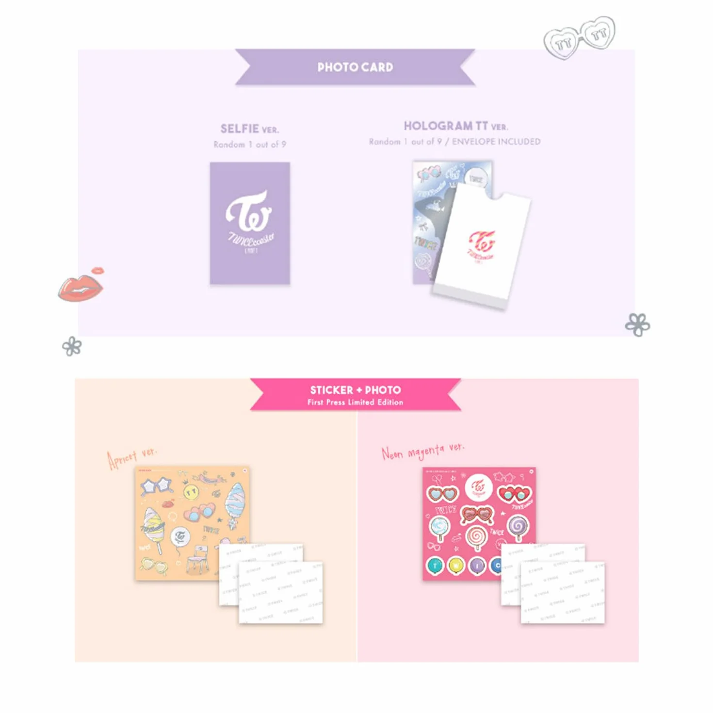 TWICE - 3rd Mini Album [TWICECOASTER : LANE 1] (NEON MAGENTA Ver.) Photobook + Sticker + 2 Photos + CD-R + Selfie Photo Card + Hologram TT Photo Card + 2 Pin Button Badges