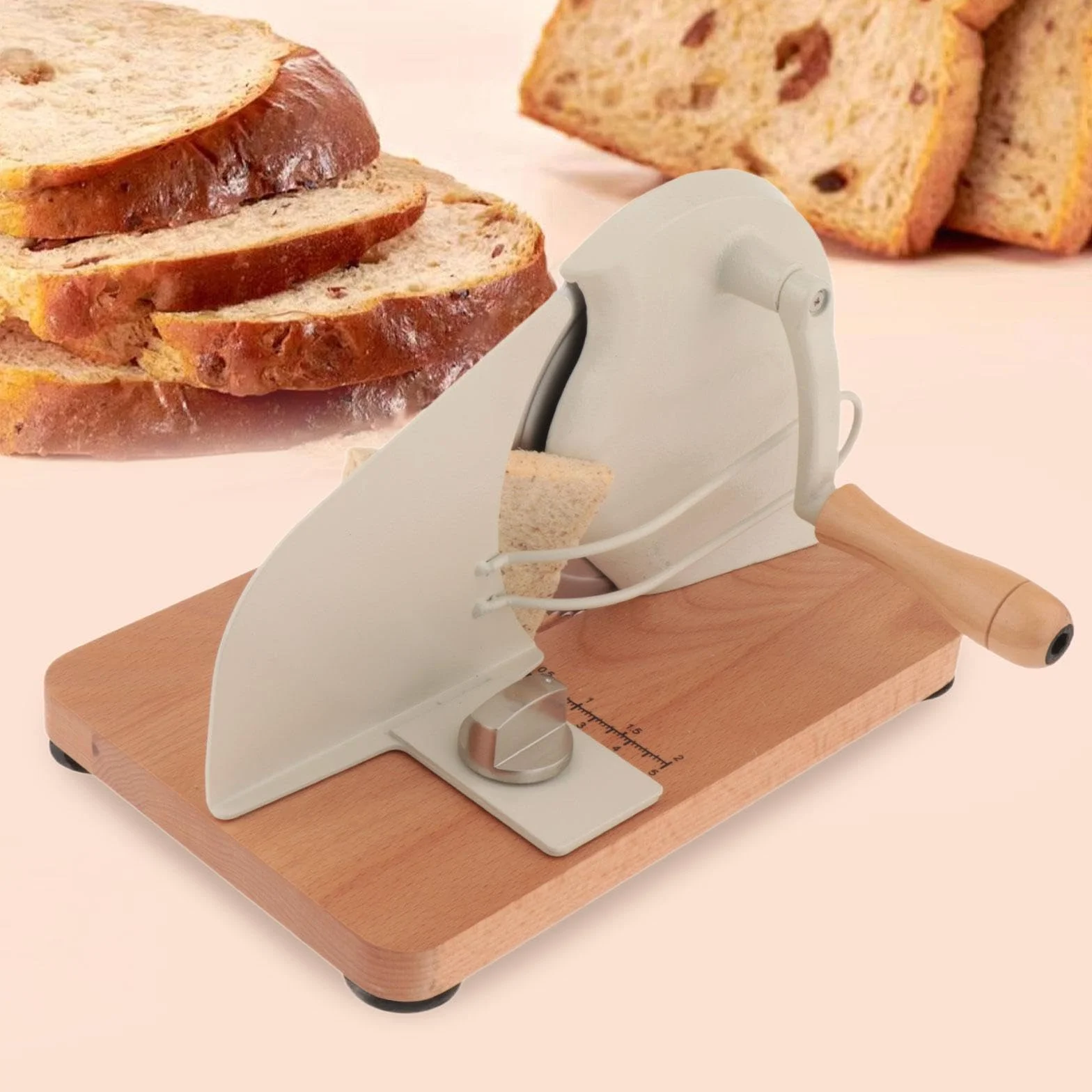 de Pan Manual Regulable en Grosor Equipado con Ventosas Antideslizantes Estructura de Acero Inoxidable Y Base de Madera Función de P, Blanco, Individual