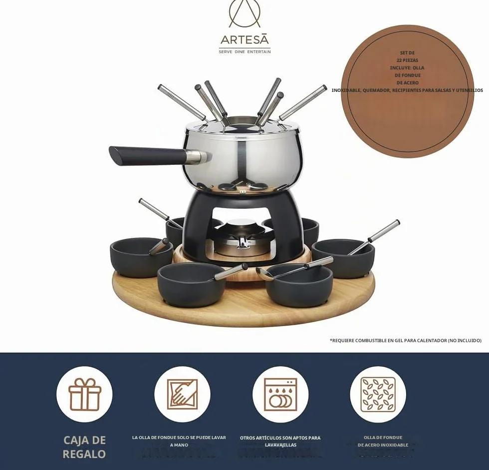 Artesà Juego de Fondue con Plato Giratorio Lazy Susan, Olla de Fondue de Acero Inoxidable con Quemador, Recipientes y Utensilios, Juego de 22 Piezas, Negro