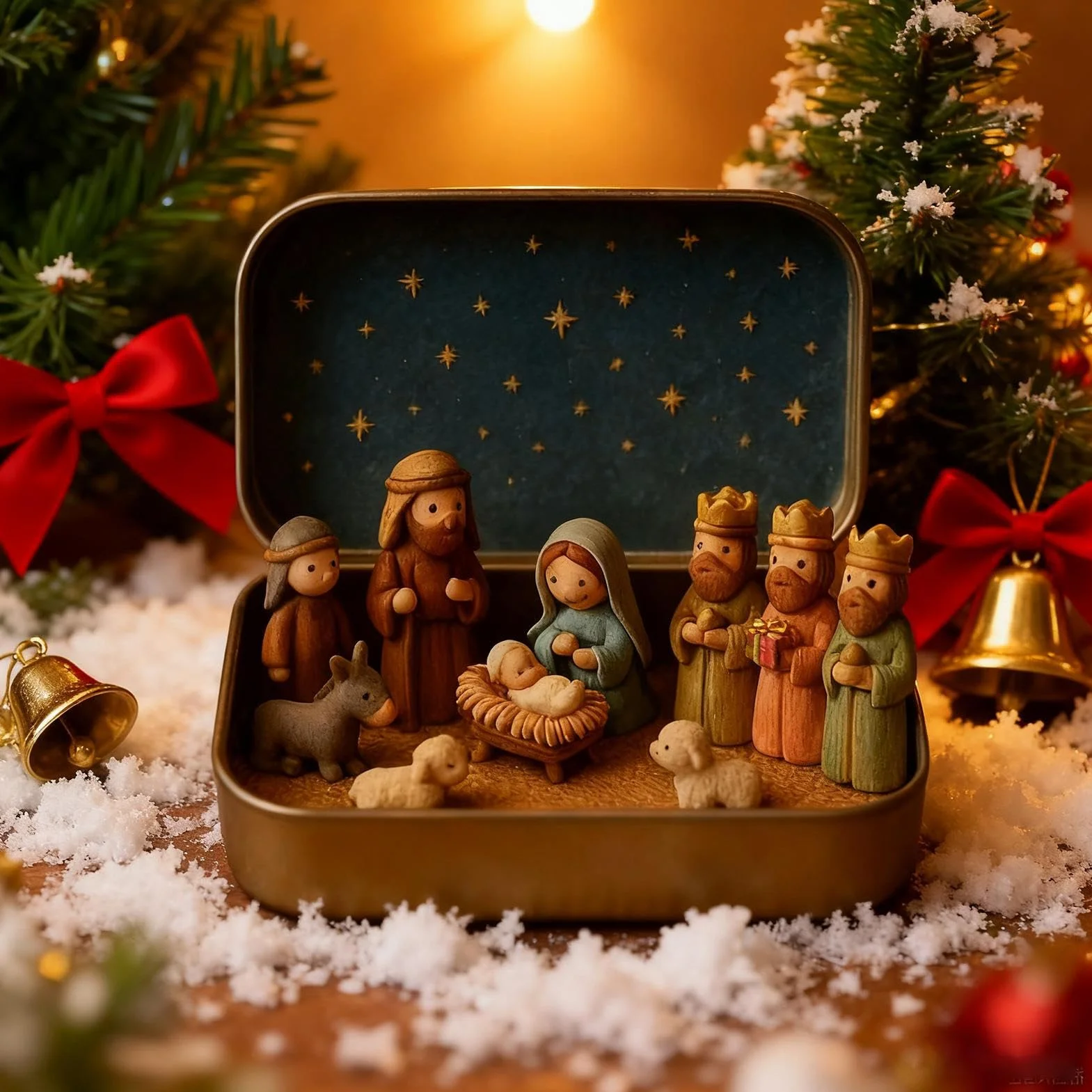 Mini Belén Navideño en Caja Metálica, Escena de Pesebre de Resina Decoración Navideña