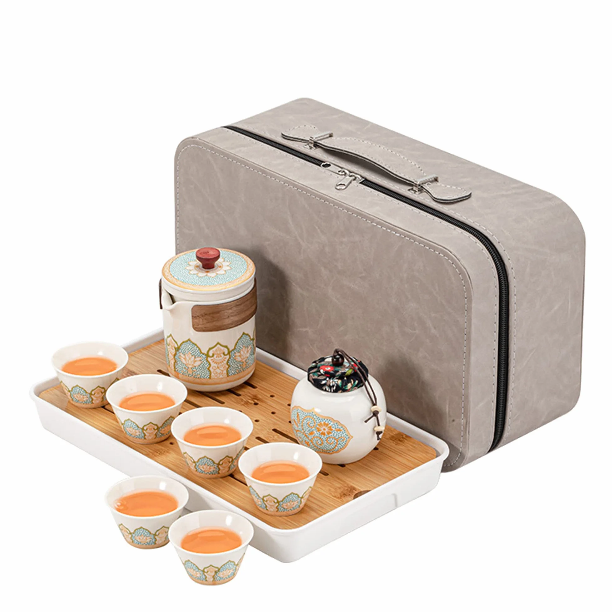 fanquare Tetera de Porcelana China con Colador, Juego de Té de Cerámica Kungfu con Bolsa de Viaje, Lata de Té y Tabla de Té, Juego de Té Floral para Adultos, Blanco