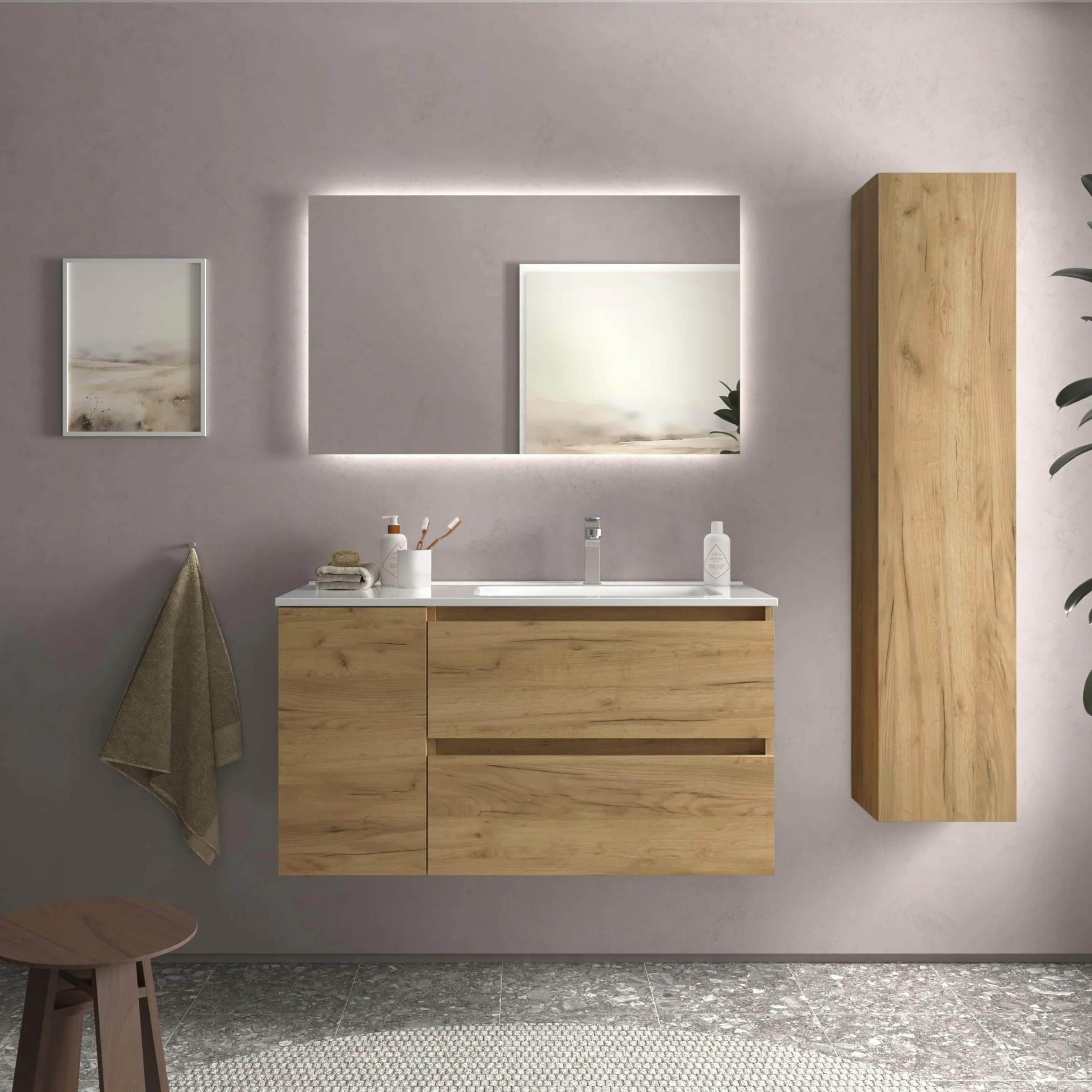 Mueble de Baño Bequia 100cm + Coqueta 1 Puerta Izquierda + Lavabo cerámica | Roble |100x45x56