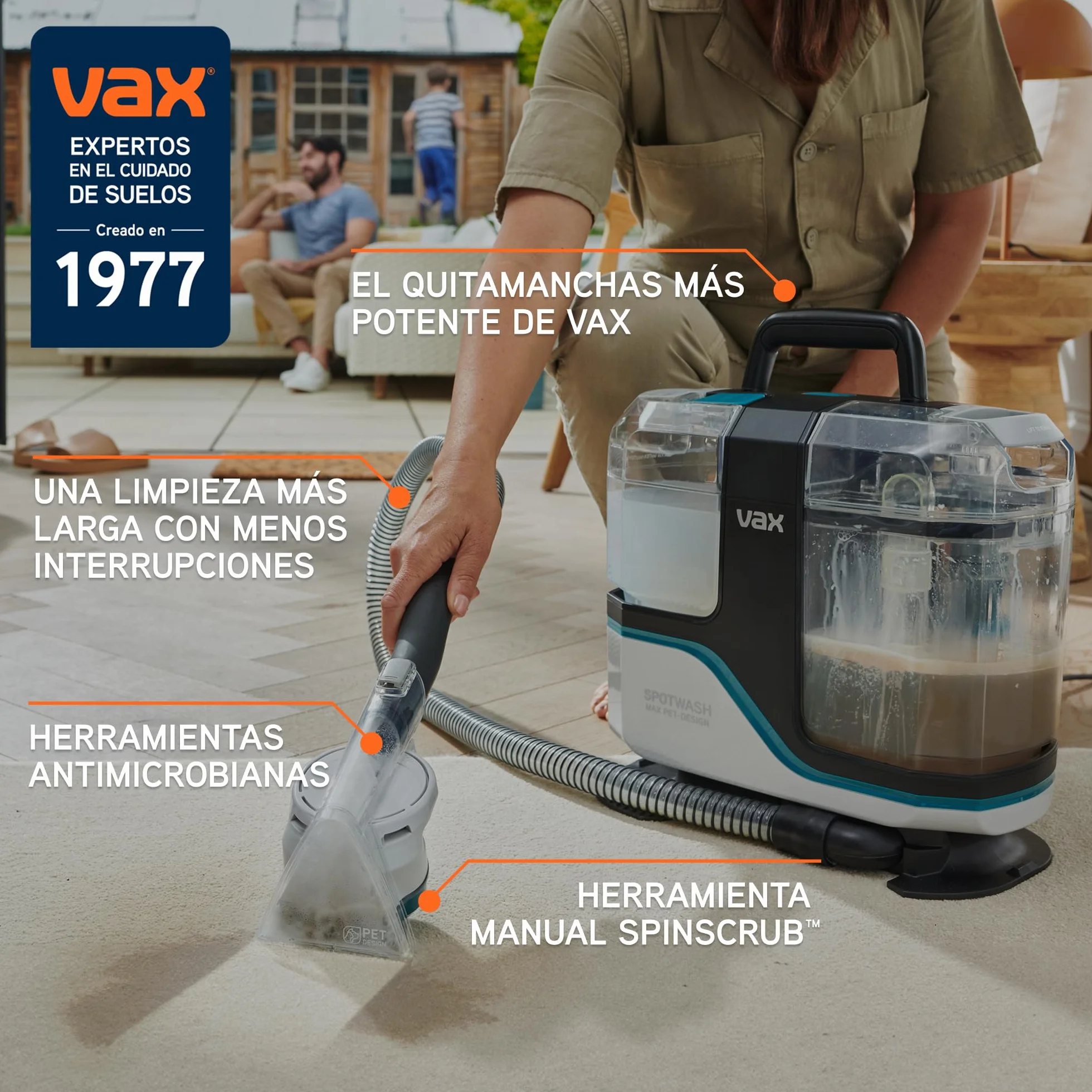 Limpiador quitamanchas Vax SpotWash Max Pet-Design, potente quitamanchas para alfombras y tapicerías con tecnología SpinScrub, depósito XL, limpieza profunda para mascotas, sofás