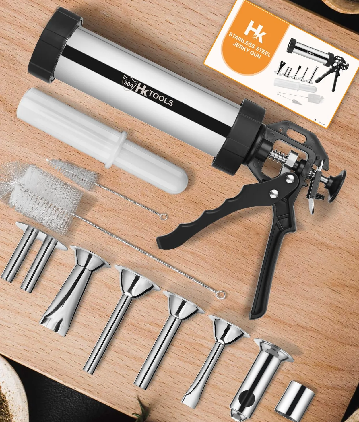 HK Kits de pistola de cecina, pistola para hacer cecina, máquina de albóndigas, pistola de acero inoxidable de 2.5 libras para hacer salchichas con 5 boquillas de acero inoxidable, 2 cepillos de