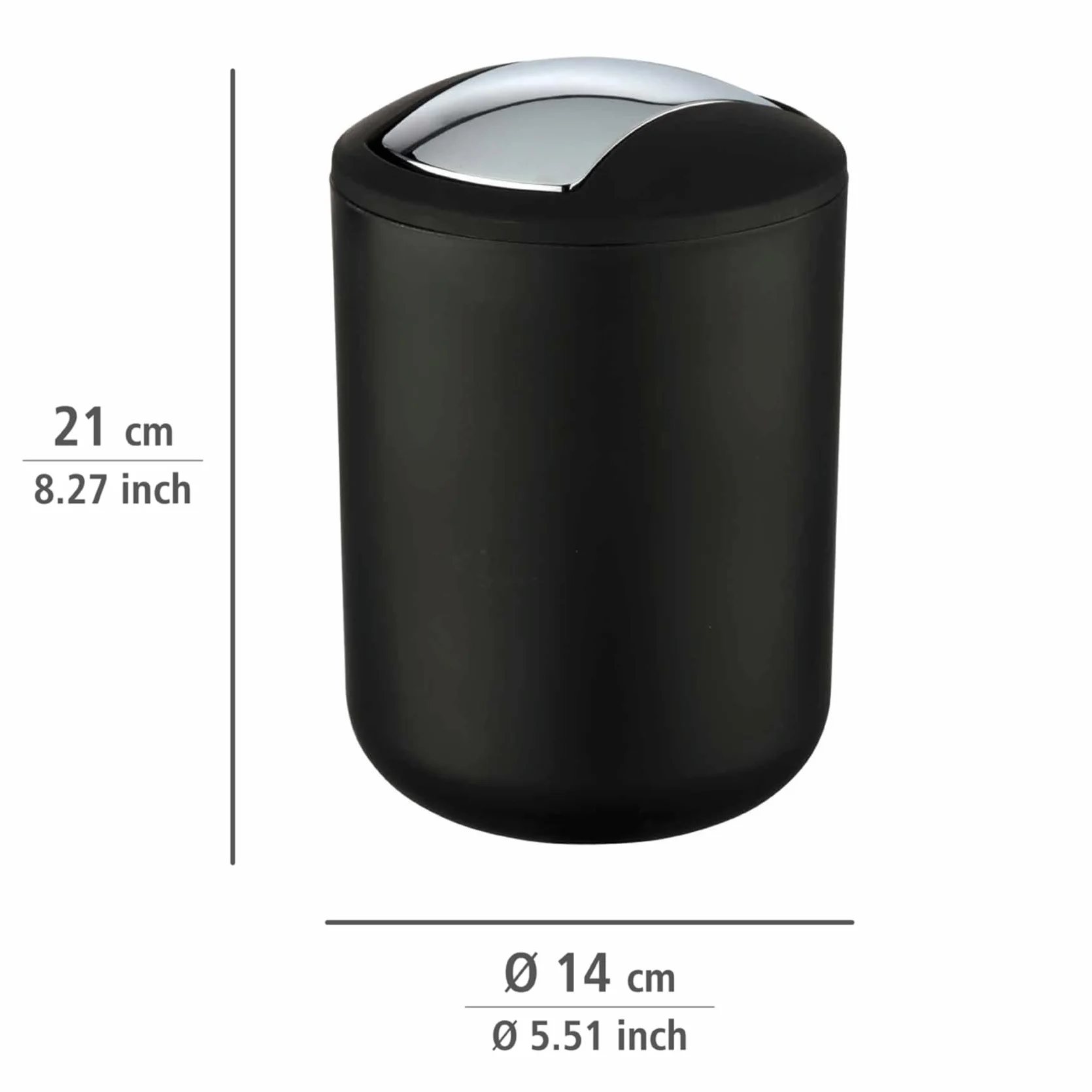 Wenko Papelera Brasil S, 2 litros, con tapa abatible, plástico irrompible sin BPA, Ø 14 x 21 cm, negra