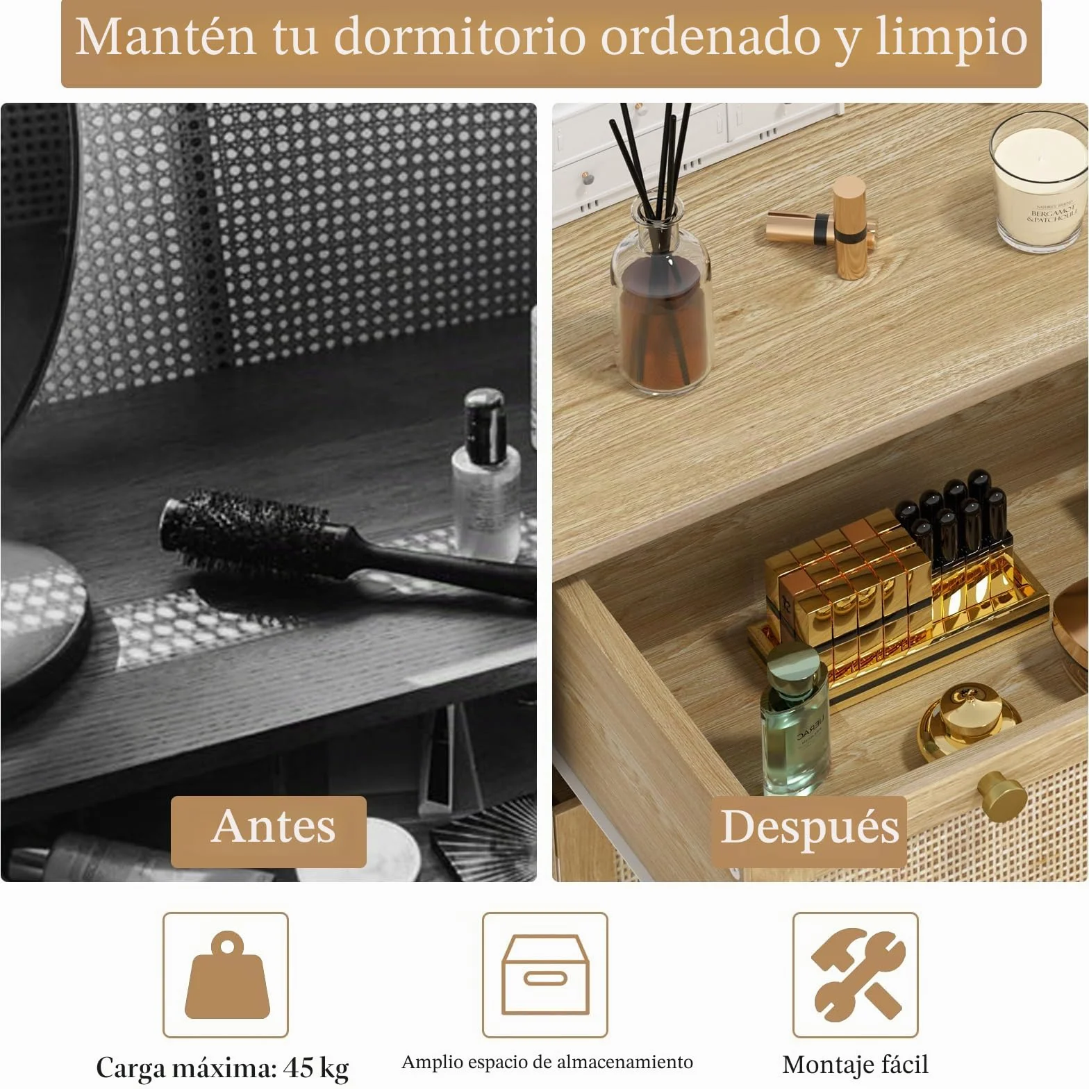 Cómoda con 3 Cajones Cómoda Dormitorio Estrecha con Frontales de Ratán y Patas Elevadas Cajonera para Salón Oficina 80x40x92cm Natural