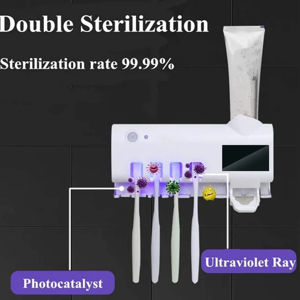 Soporte desinfectante para cepillos de dientes con dispensador automático de pasta de dientes, inducción corporal, capacidad de 5 cepillos de dientes, montaje sin calcomanías,