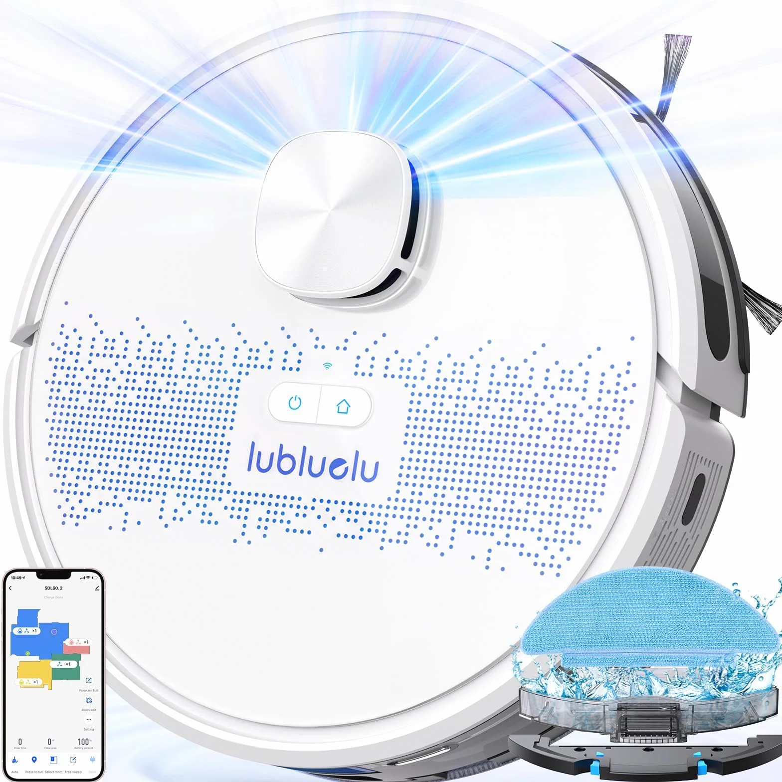 Lubluelu Robot Aspirador y Fregasuelos con Navegación por Mapa con Láser, Succión de 4000 Pa, 55 dB Silencioso, WiFi/App, 10 No-Go-Zone, Mapa de 5 Plantas, Ideal para Pelo de Mascota, Alfombra, Blanco