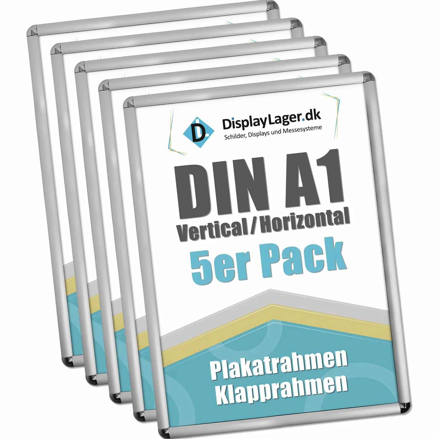 DisplayLager, Calidad danesa – Paquete ahorro de 5 unidades, color plateado, DIN A1 Rondo, marco plegable con perfil de aluminio de 25 mm, cristal protector antirreflectante, material de fijación