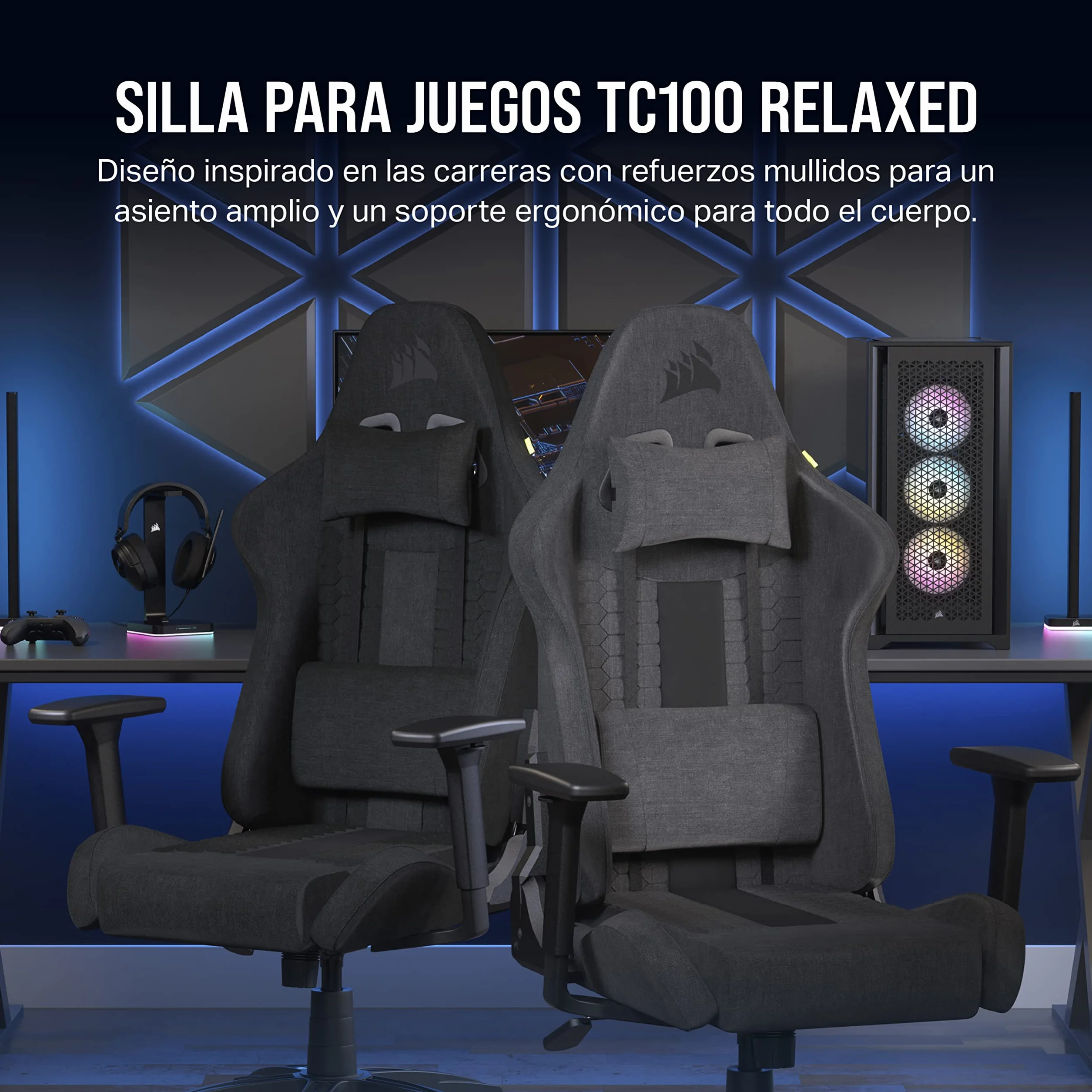 Corsair TC100 Relaxed Silla para Juegos - Negro | Fabric, Diseño Inspirado en Las Carreras, Cojín lumbar, Almohada Cervical Extraíble de Espuma Viscoelástica