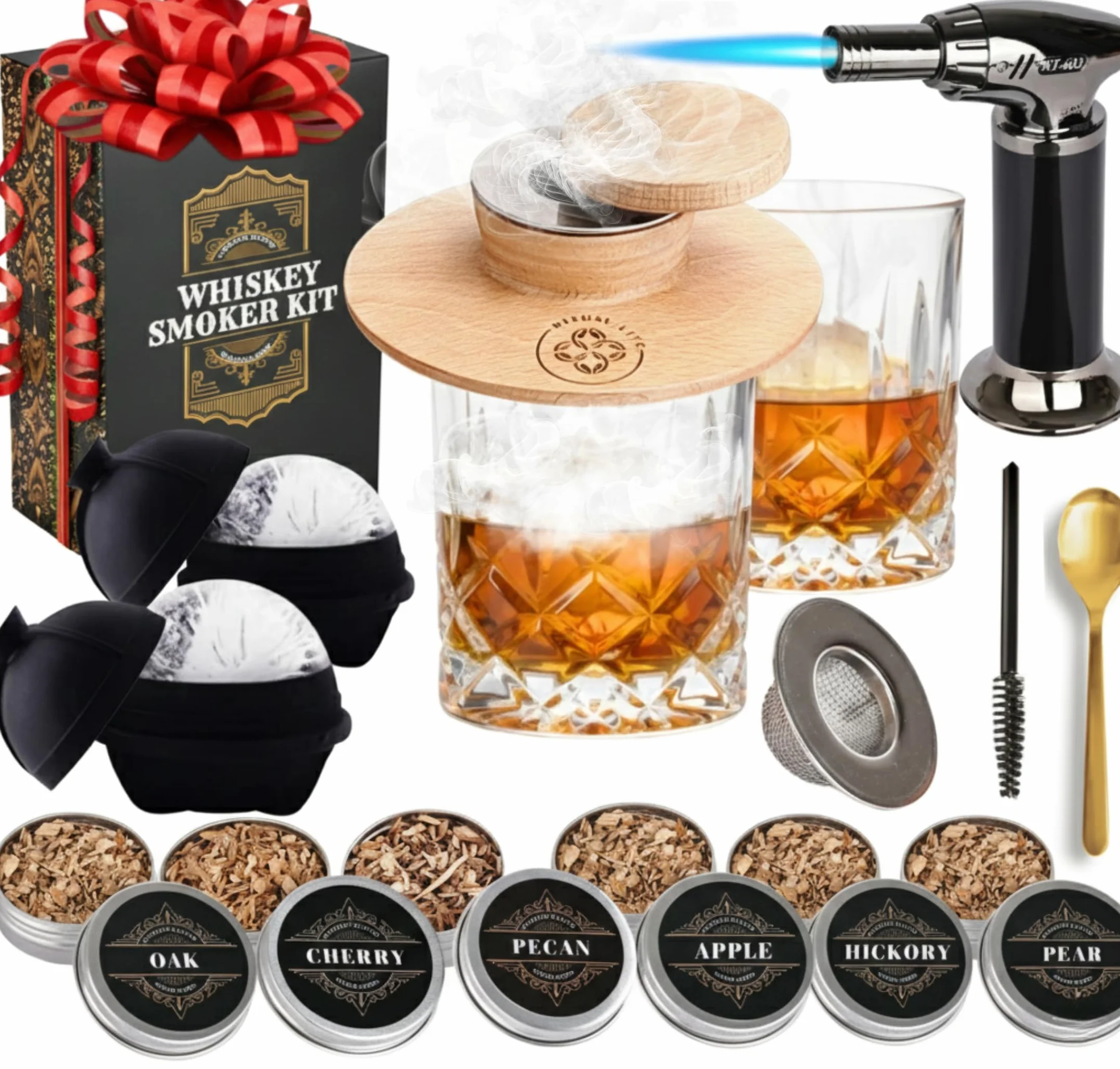 Kit de ahumador de whisky, kit de ahumador de cóctel con linterna, 2 vasos de whisky, 2 máquinas de bolas de hielo, 6 sabores de chips de madera, fumadores antiguos, juego de fumar bebidas bourbon