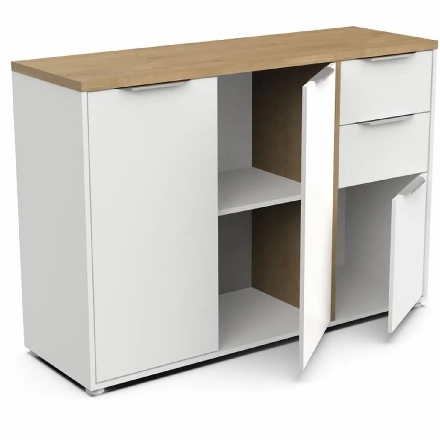 Aparador Moderno Blanco Mate y Roble Hamilton 3 Puertas 2 Cajones 121,5 x 39,6 x 85,6 cm