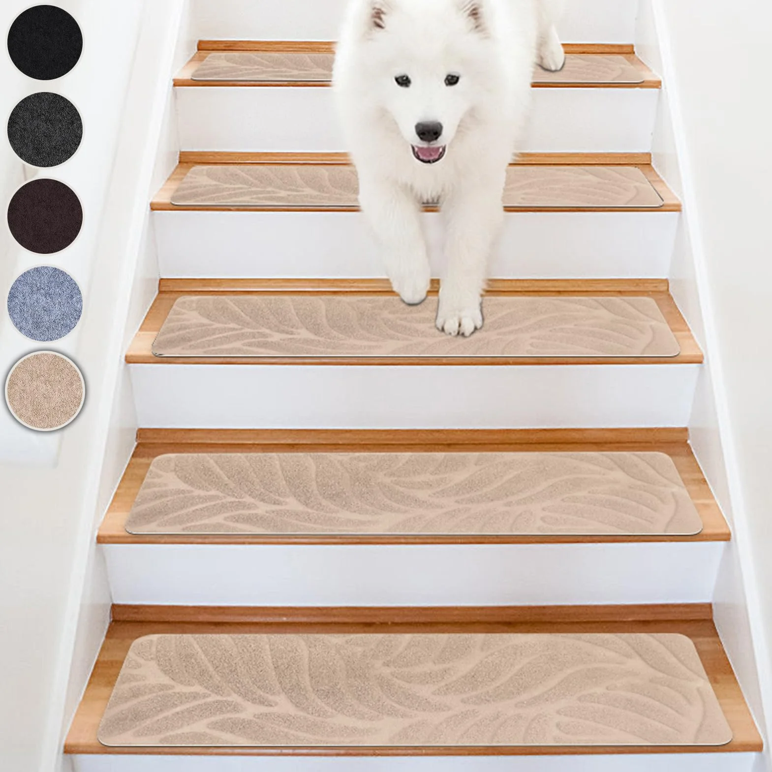 Alfombrillas para Escaleras Antideslizantes, 15 Alfombrillas Autoadhesivas Escalones Interiores, Recortables y Reutilizables - Protección para Mascotas, Mayores, Niños (Beige, 76x20 cm)
