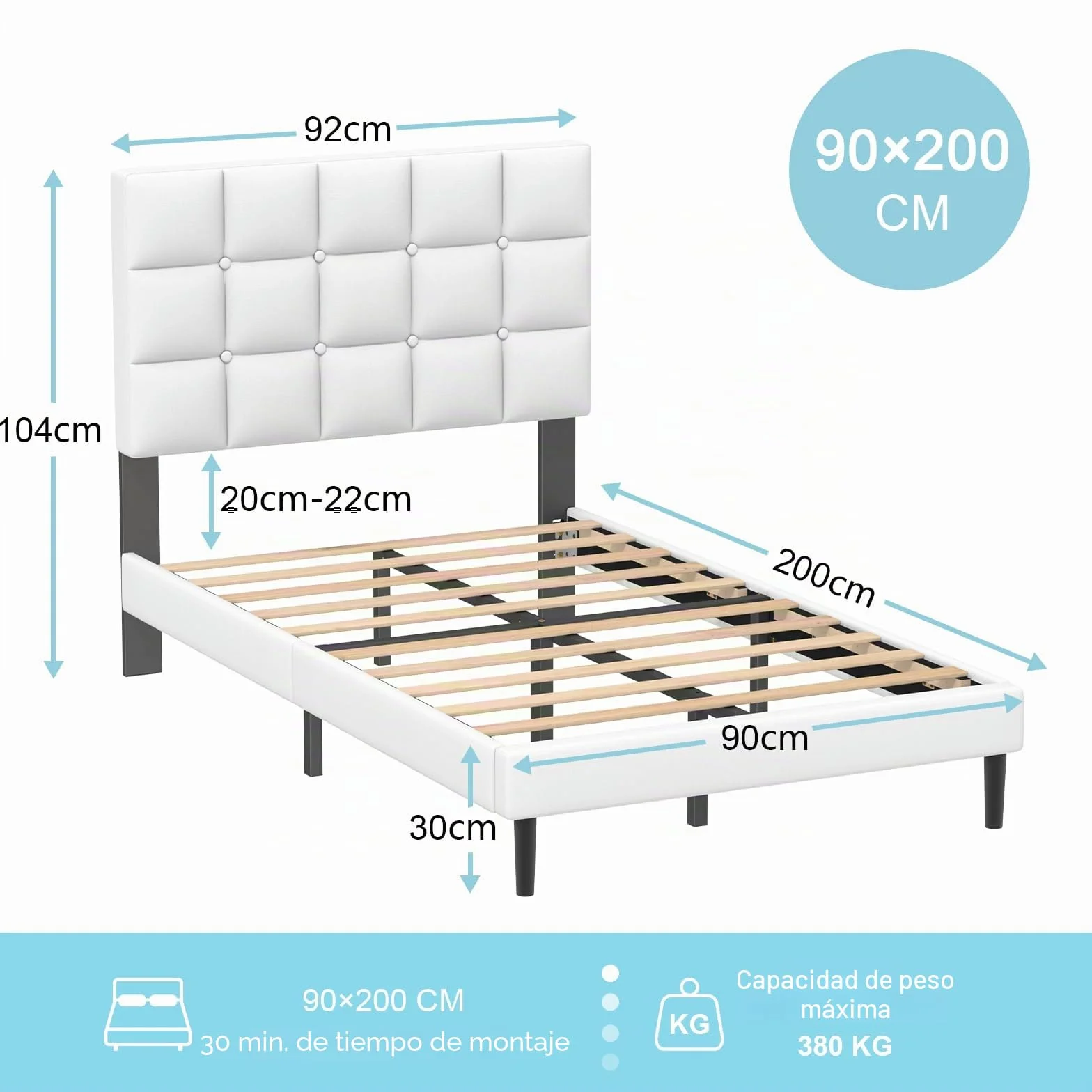 Yocreat Cama tapizada de 90 x 200 cm, cama individual con cabecero y somier, altura de 30 cm, color blanco