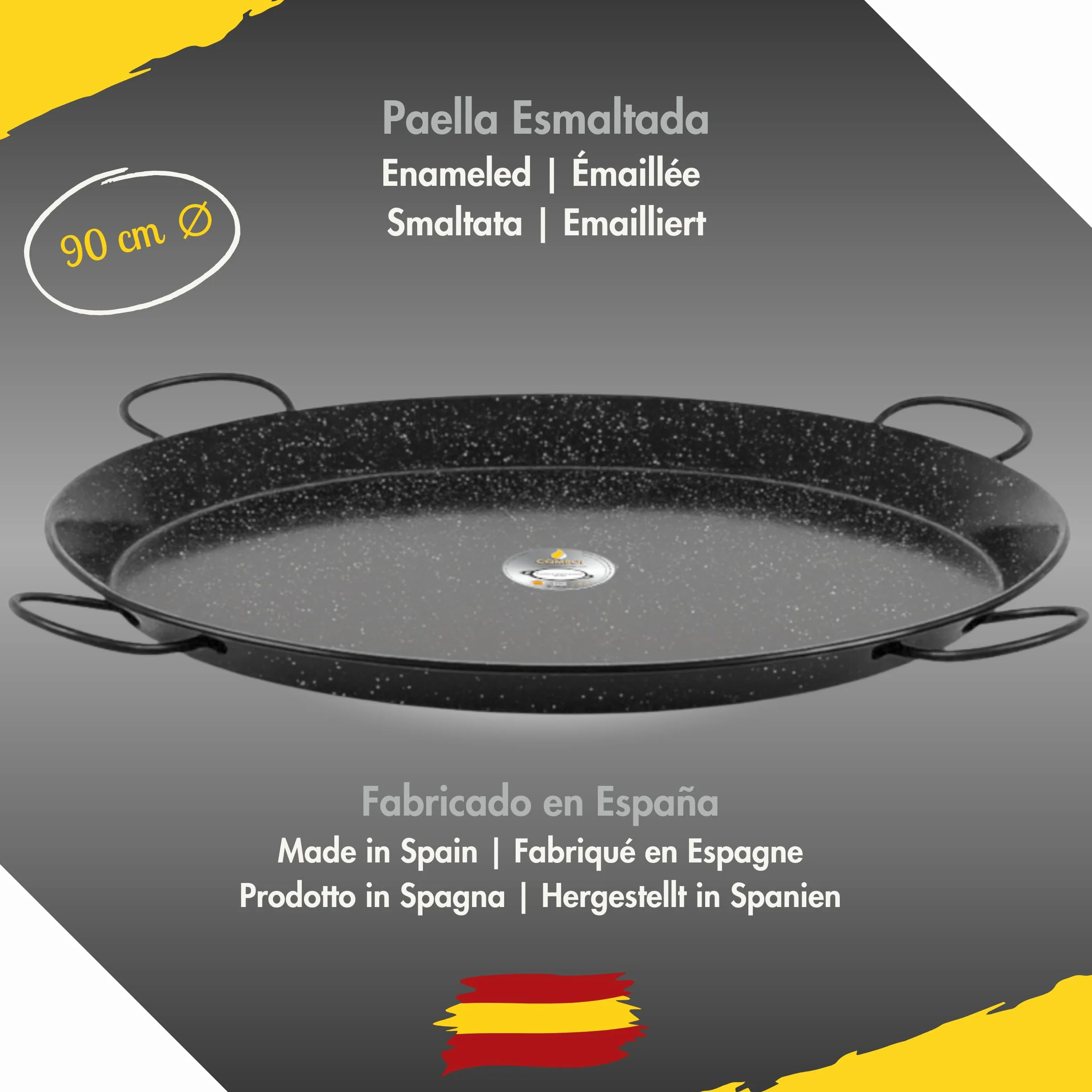 COMBOI Kit Paellero Gas Butano 70 cm – Paellera Esmaltada 90 cm, Patas Reforzadas, Regulador, Manguera, Nivel, Delantal y Recetario Digital – Quemador de 3 Aros para Exterior