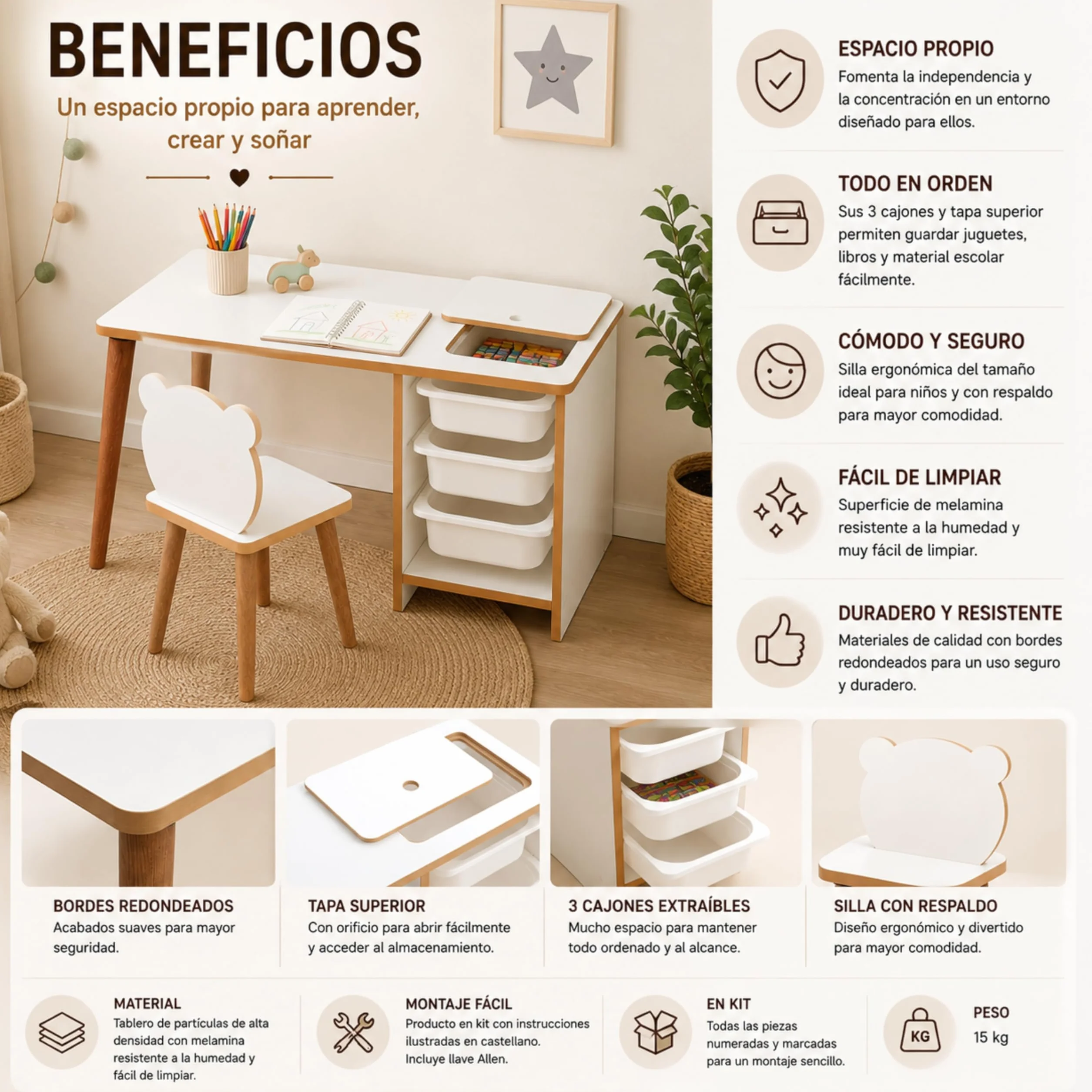 Escritorio Infantil con Silla y Cajones Pupitre Mesa de Juegos Blanco y Madera 90x42x51 cm Soho