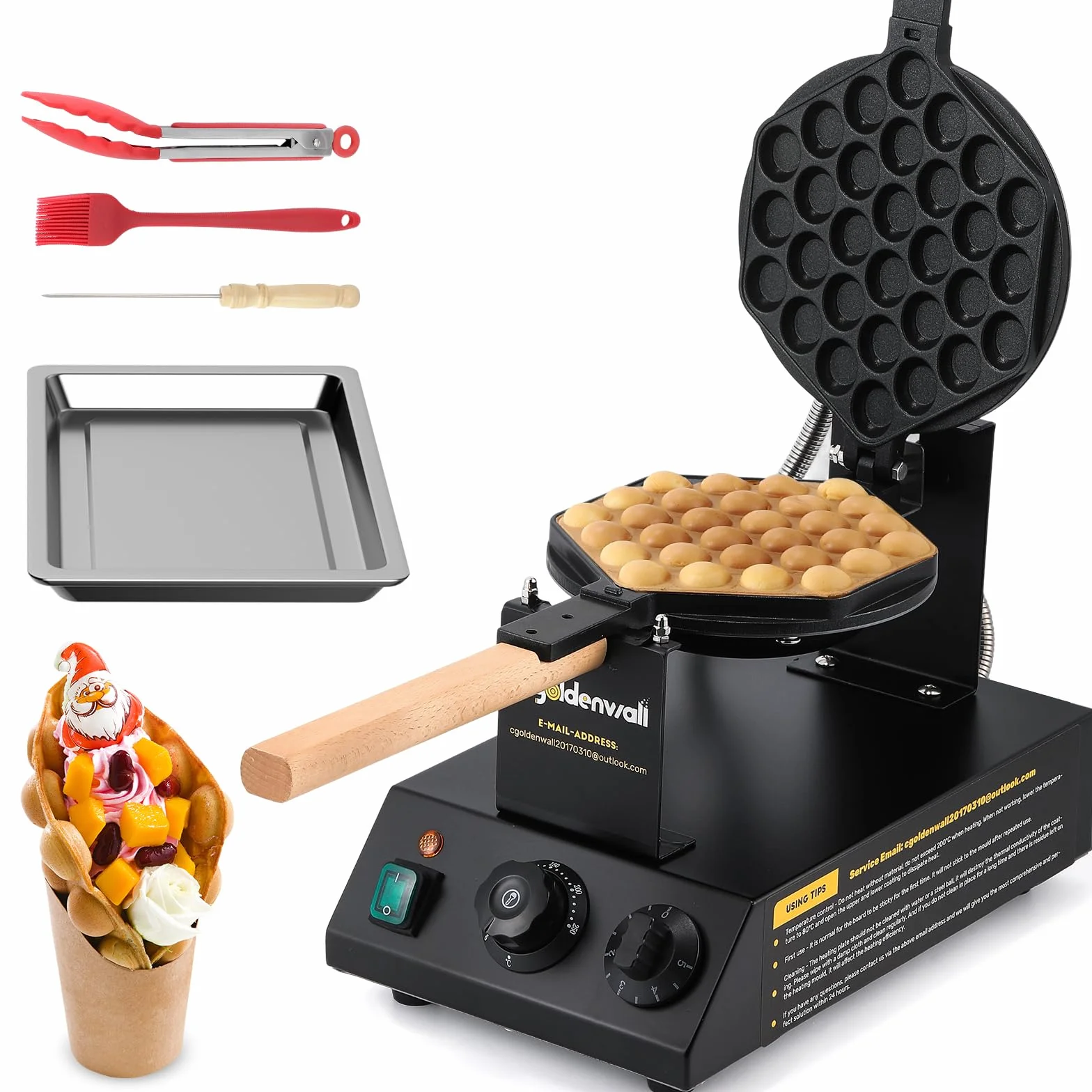 CGOLDENWALL Bubble Waffle Maker de Estilo de Hong Kong 1400W, Placa de Horneado Intercambiable y Antiadherente, Ajuste de Temperatura 0-250℃, para Cafetería/Postres/Restaurante - Incluye Recetas