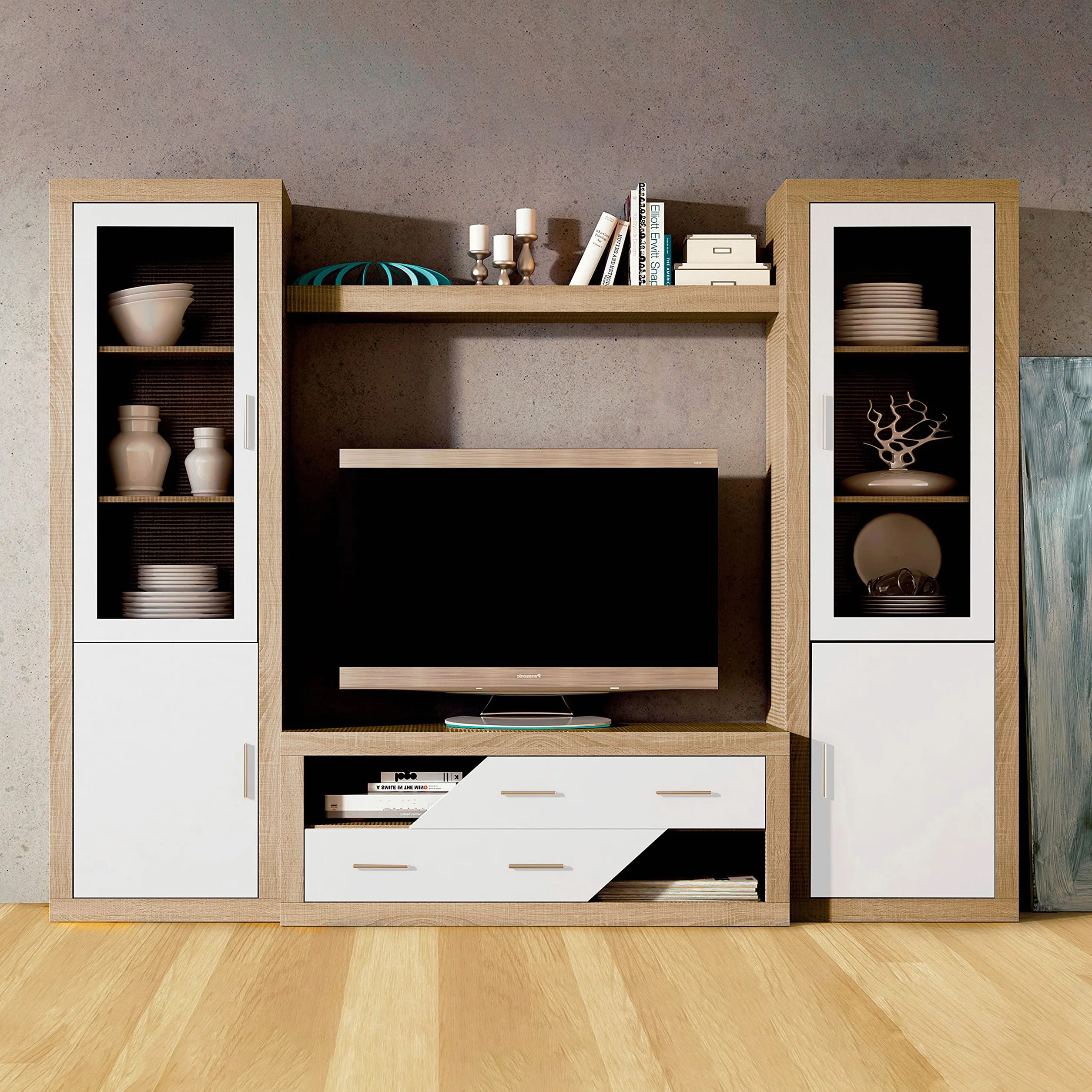 duehome | Salon Modular, Vitrina Reversible con 2 Puertas, Composicion Salon por Piezas, Modelo Nuka, Acabado en Cambria y Blanco, Medidas: 60 cm (Largo) x 193,2 cm (Alto) x 34,6 cm (Fondo)