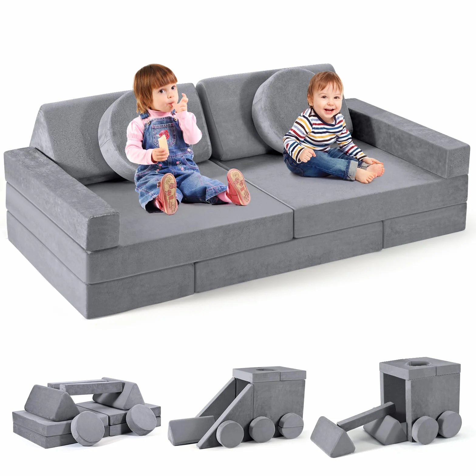 Sofá para niños, Juego de sofás para niños de 14 Piezas, Bloques de construcción de Espuma apilables, sofá de Juegos para niños para Zona de Dormir y Sala de Juegos (Gris)