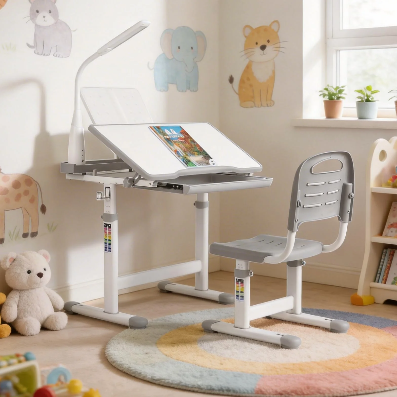 Set Escritorio y Silla para Niños, Altura Ajustable, Mesas Infantiles, Juego Juvenil Con Cajón y Soporte Lectura (Gris)