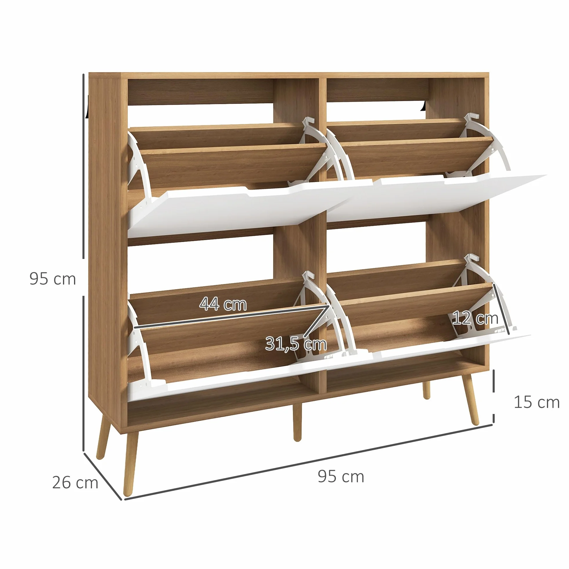 HOMCOM Zapatero Estrecho con 4 Cajones Abatibles, Zapatero Entrada Recibidor con Patas de Madera y Estantes Ajustables, para 16 Pares de Zapatos, para Pasillo, 95x26x95 cm, Blanco y Natural