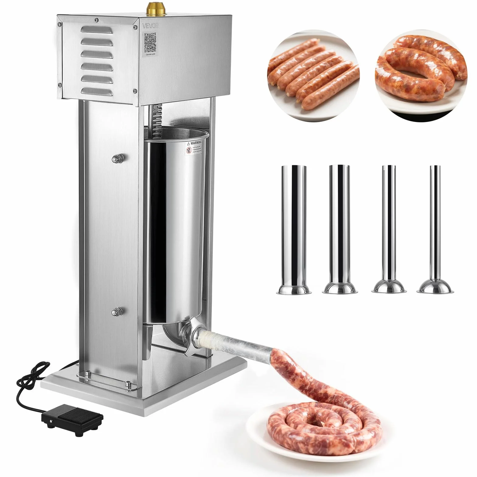 VEVOR Embutidora Eléctrica de Salchichas de 15 L, de Acero Inoxidable, con Control de Velocidad Continuo y Pedal, con 4 Tubos de Relleno, para Cocina y Restaurantes, 395 x 295 x 850 mm, Plata