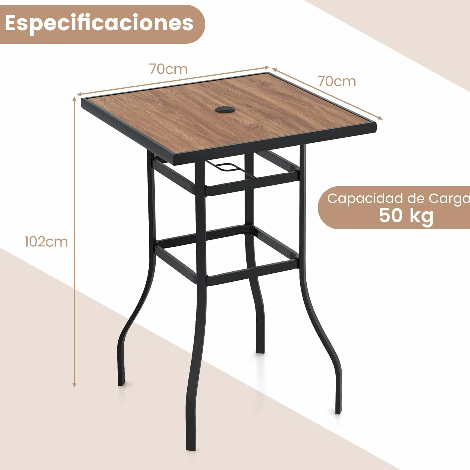 COSTWAY Mesa Alta Cocina, Mesa Alta Cuadrada 70cm, Mesa Bar con Orificio para Sombrilla de 39 mm, Estructura de Metal, Mesa Alta Exterior Jardin Terraza
