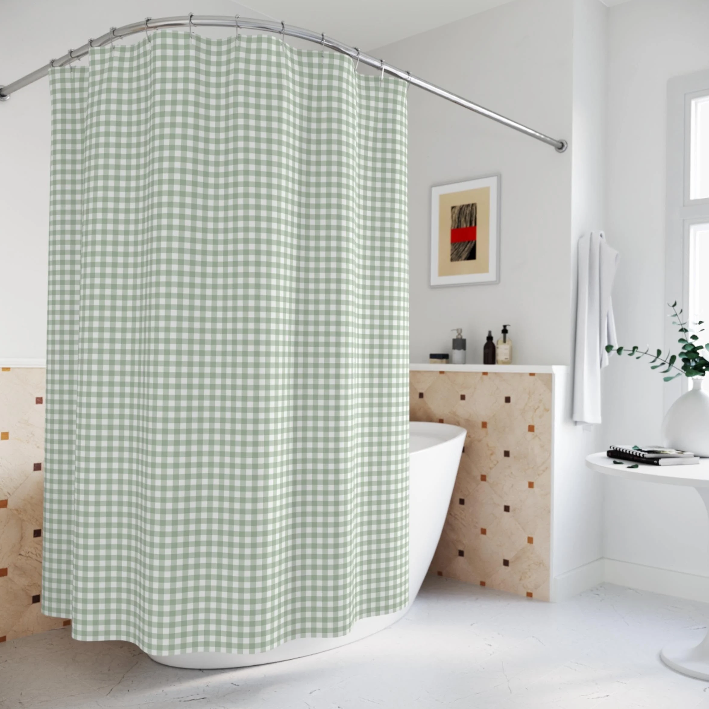 Cortina de ducha impermeable a cuadros verde 300 x 200 cm, poliéster, ideal para dormitorio, apartamento, baño de invitados, elegante y para niñas