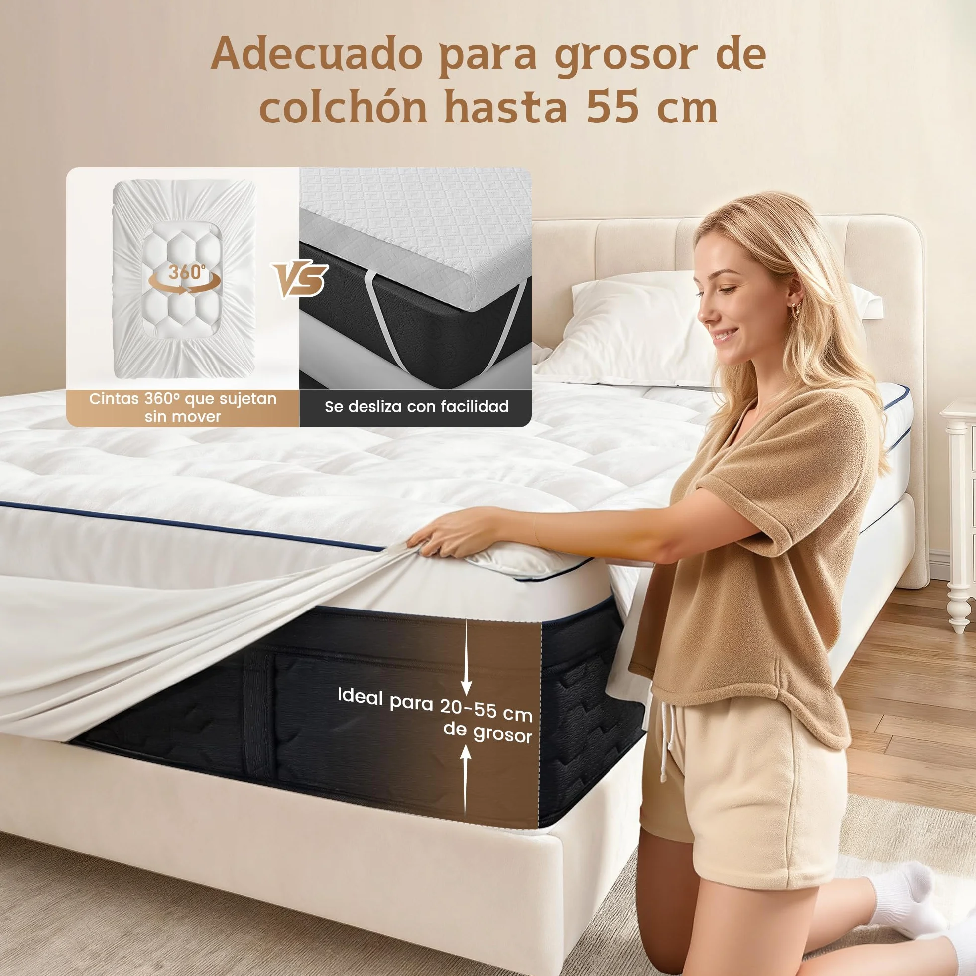 Topper para colchones de 90 x 190 x 8 cm, Protector de colchón Suave, sobrecolchón con Bolsillos, colchón Mate, para colchones Duros, Camas con somier, Cama de, Peso del Relleno 1000g