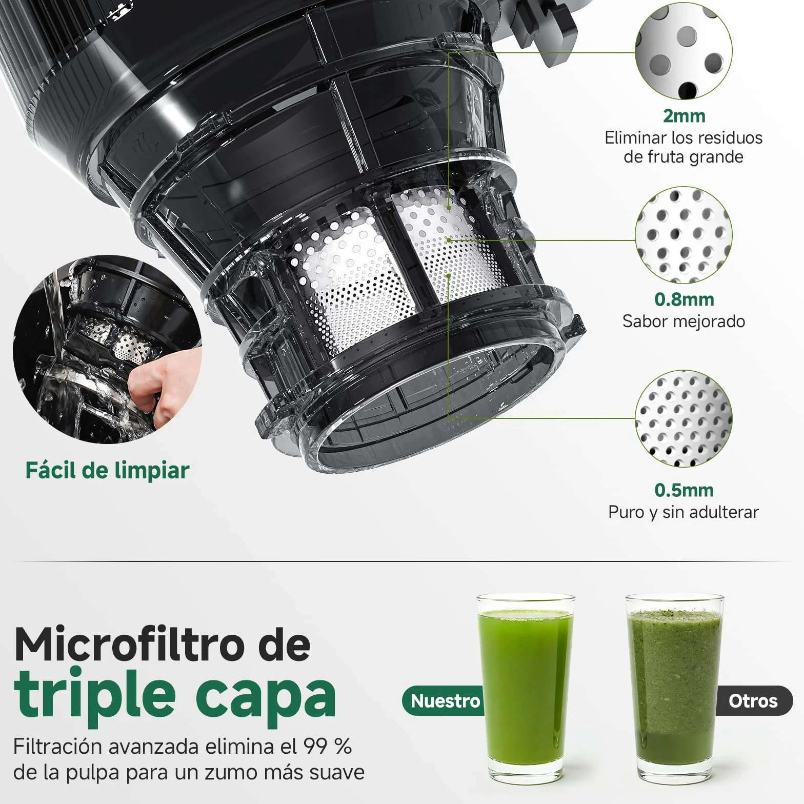 AMZCHEF Extractor de Zumo Automático Multifuncional de 250W, 150MM de Apertura, Exprimidor de Frutas y Verduras de 2 Litros con Triple Filtro - Negro