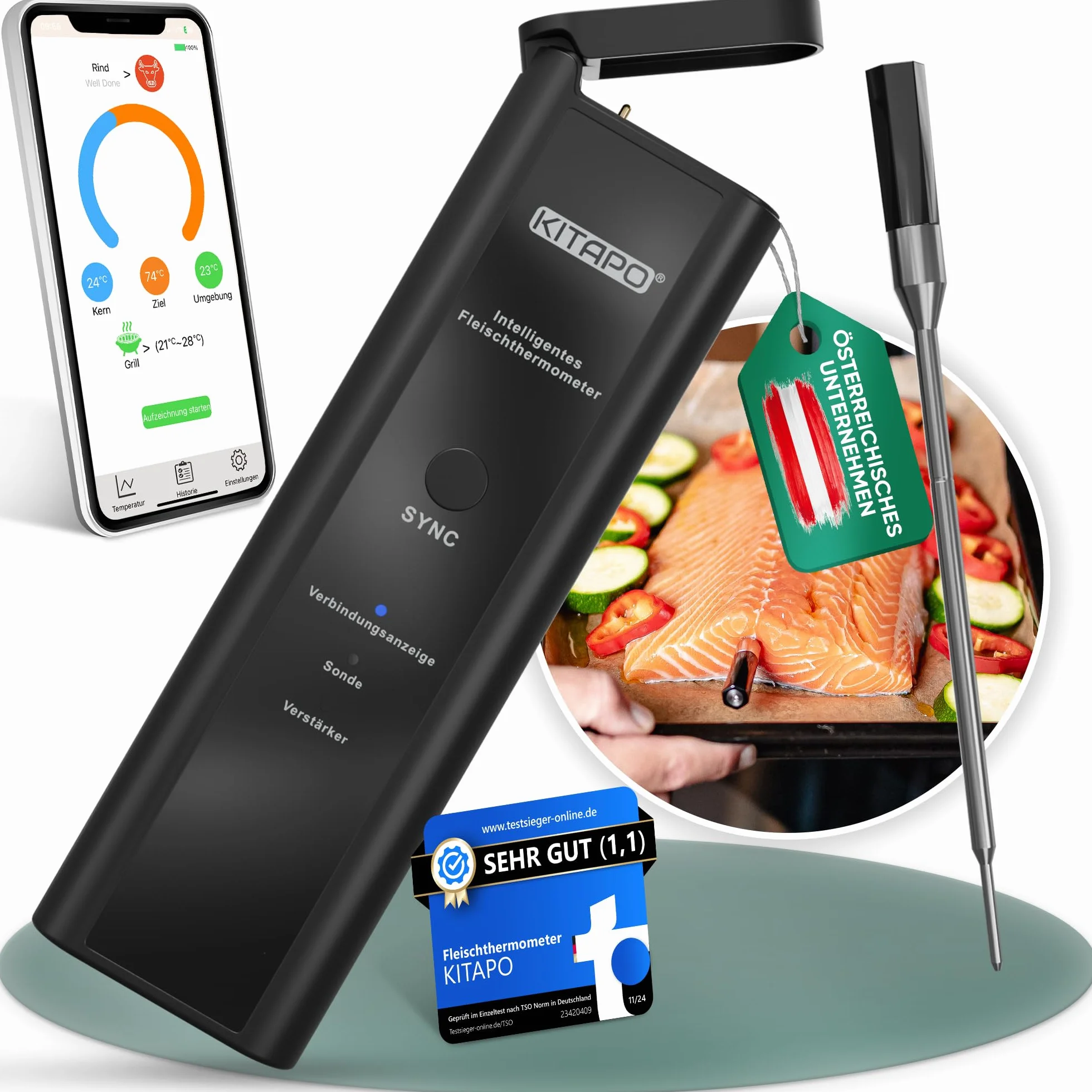 Termómetro de carne inalámbrico [incluye aplicación], termómetro para barbacoa, termómetro inteligente para cocina y barbacoa, de alto alcance, resistente al calor hasta 300 °C, termómetro de