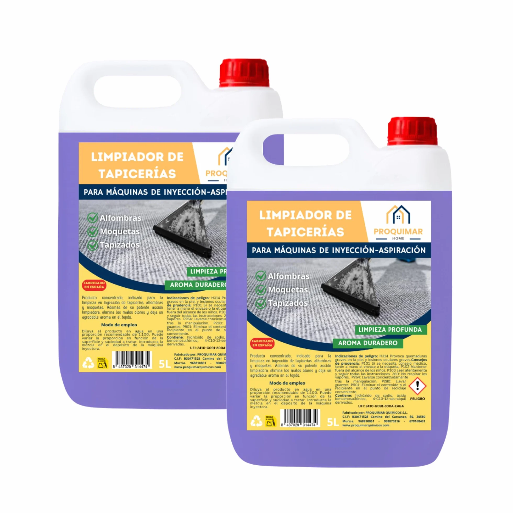 Pack de 2 Limpiador de Tapicerías para Máquinas de Inyección – Calidad Profesional – Elimina Manchas y Olores en Tapicerías, Sofás y Alfombras (5L+5L)