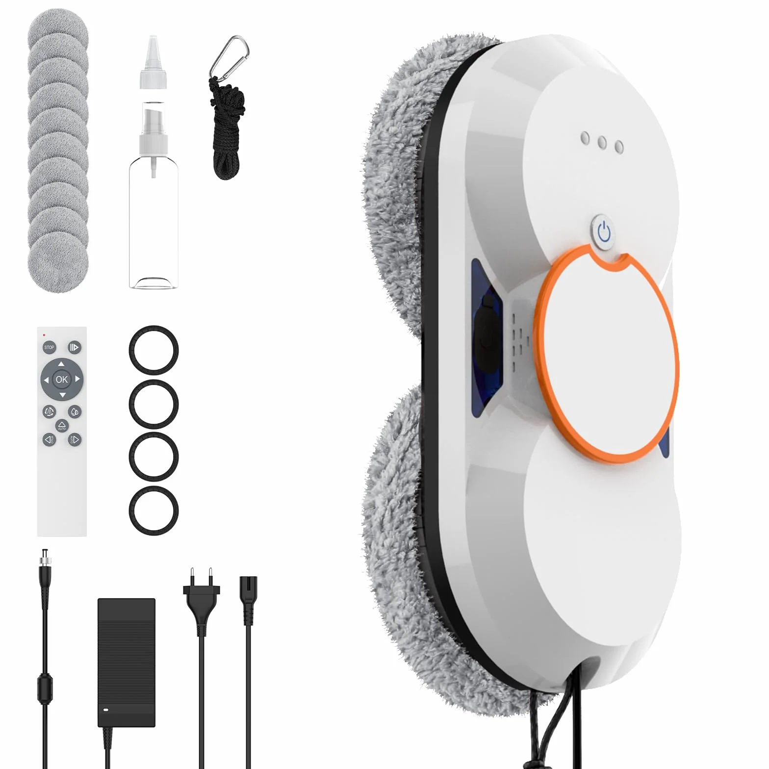 Robot Lavador de Vidrio, 5600Pa Robot Limpiador de Cristal con Doble Pulverización de Agua, 3 modos de Limpieza, Control Remoto Inteligente Navegación Protección Anticaída y 8 Paños para superficies