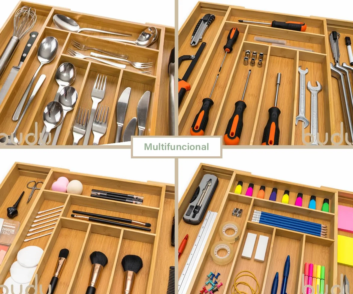 Bandeja para Cubiertos Extensible de Bambú 47 cm, Organizador de Cubiertos Ajustable para Cajón