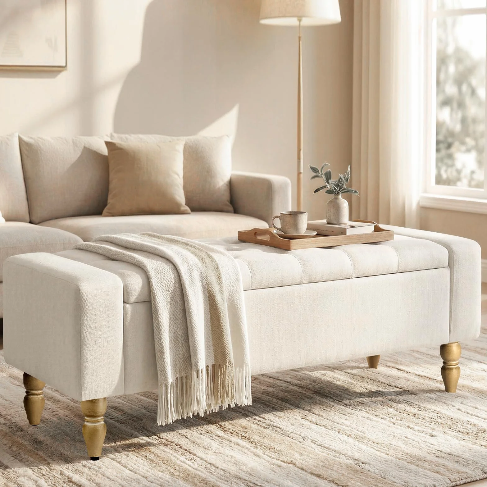 Banco de Almacenamiento con Asiento Acolchado – Banco Caja Multiusos para Entrada, Salón o Dormitorio | Pouf con Caja de Gran Capacidad, Tapizado Resistente y Fácil Montaje | Diseño Moderno Beige