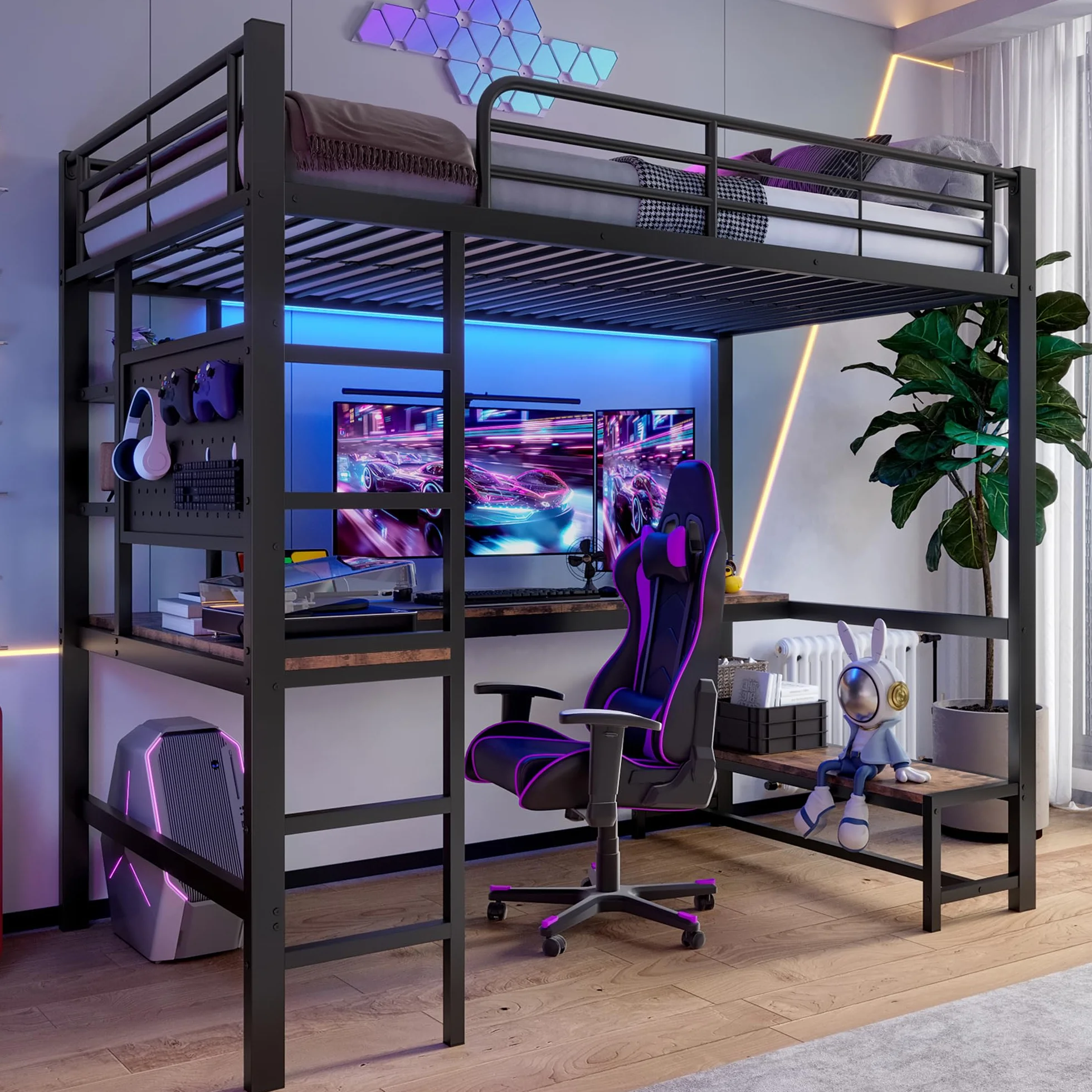 Moimhear Cama alta, marco de hierro, escritorio, barandilla, escalera de tijera, varios estantes, con USB+Type-c, con barra LED, con tabla perforada, sin colchón (negro, 90 x 200 cm)