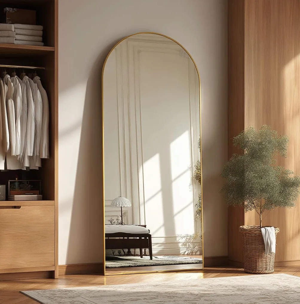 Espejo de Arco de 57x165cm | Espejo de Piel Completa con Parte Superior Curvada | para Montar en Pared o Apoyar en el Suelo | Inclinación Ajustable para Sala de Estar, Vestidor y Dormitorio