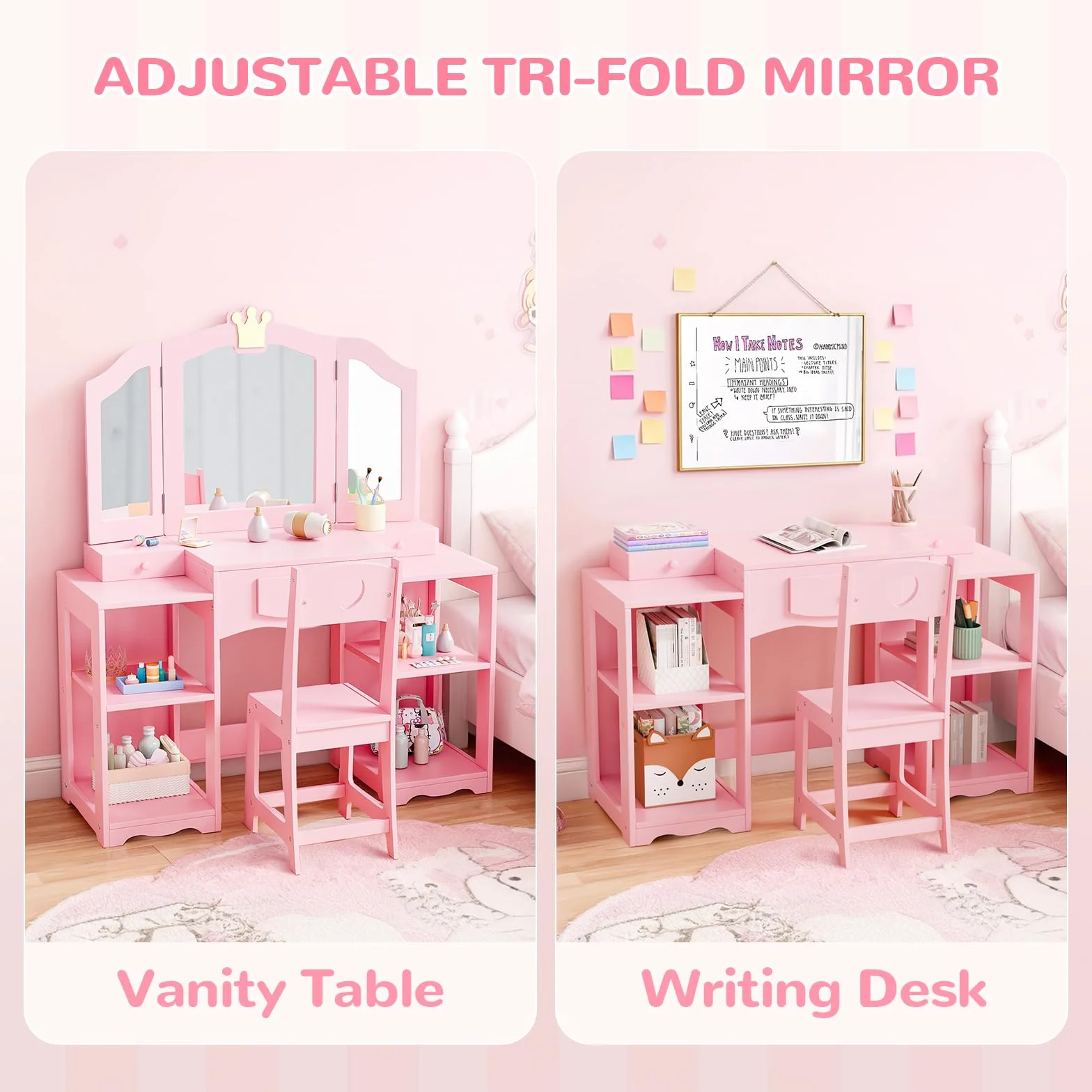 Bonnlo Tocador Infantil con Espejo de Tres Paneles y Taburete, Mesa de Maquillaje de Madera con Diseño de Corona, Rosa, Grande