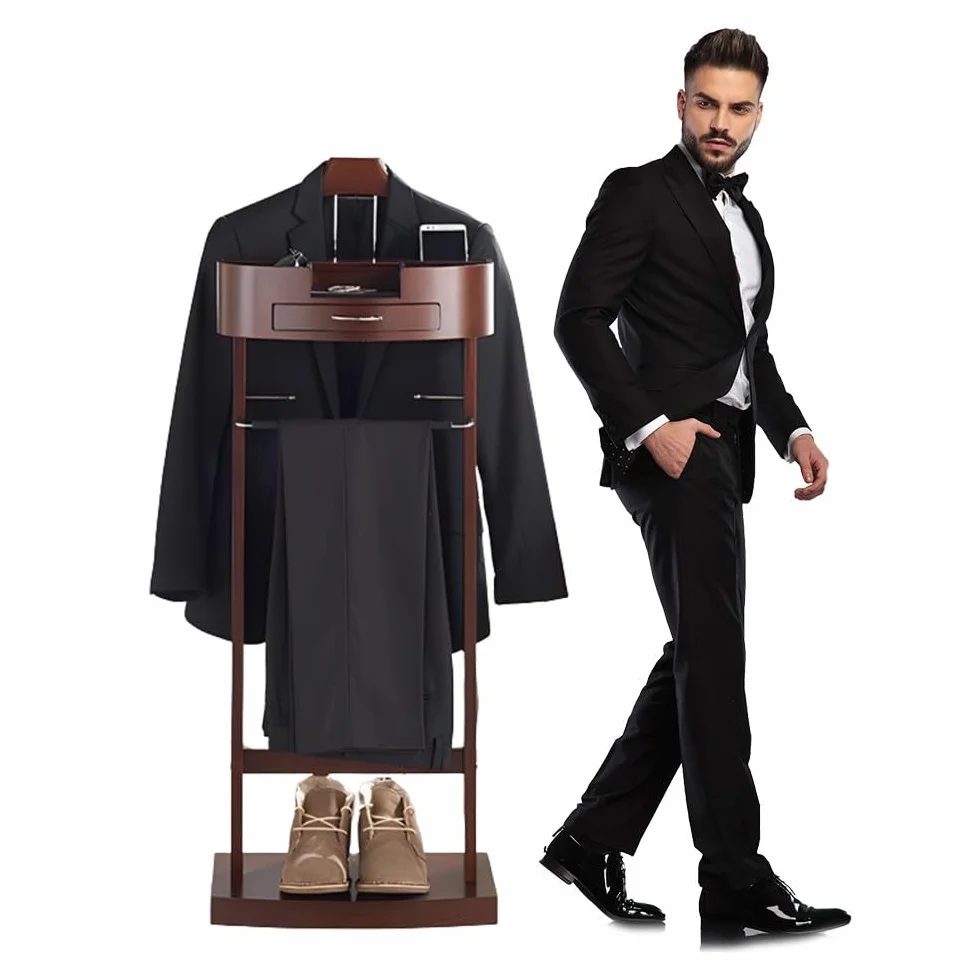 Galán de Noche de Madera Maciza, Multifuncional Galán de Noche con Percha de Hombro Ancha, Pantalonero, Bandeja,Cajón, Corbatero, para Ropa de Hombre o Mujer, 44.4x30x112.2cm