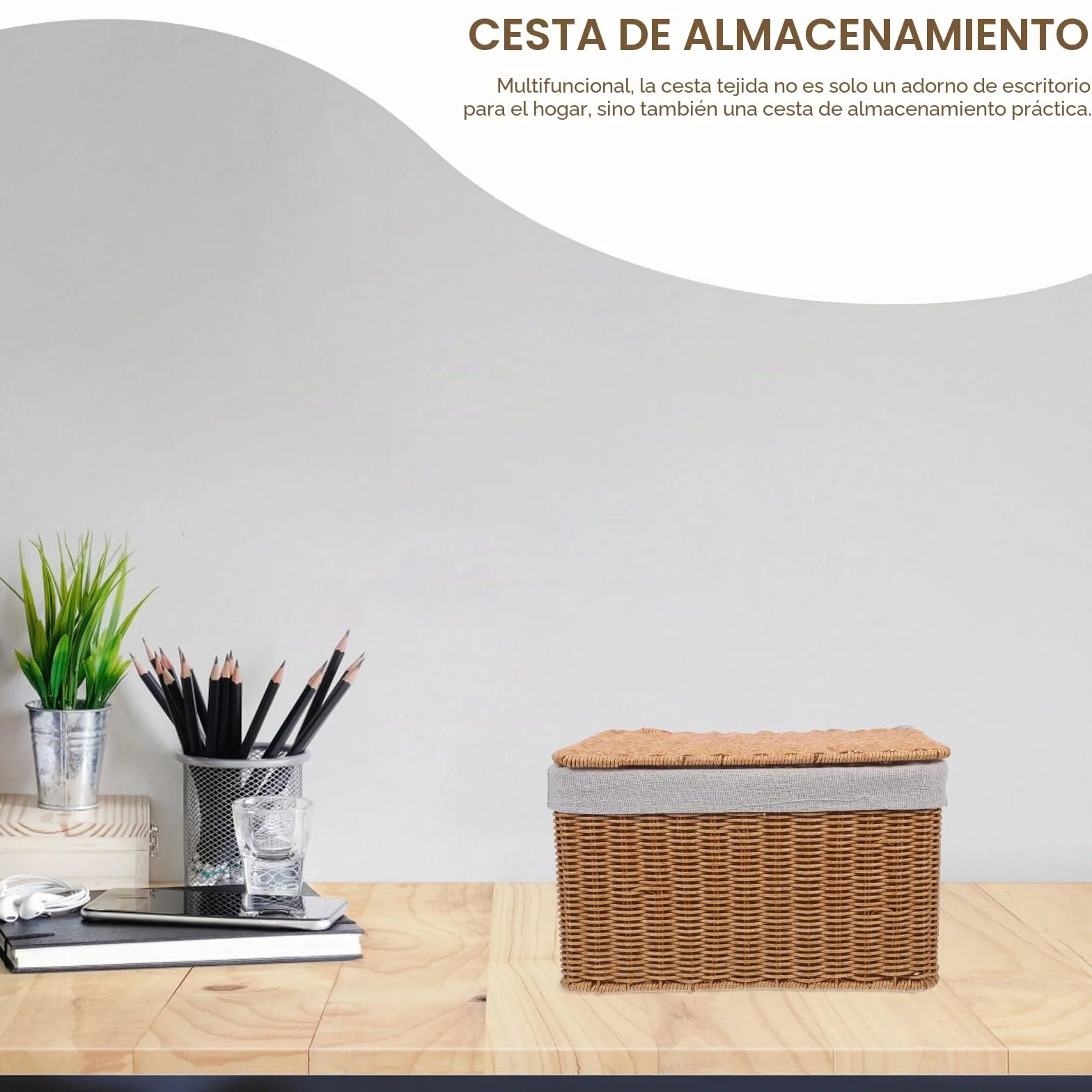 Cesta Grande de Mimbre con Tapa y Forro, Cesta de Almacenamiento Rectangular con Asas Dobles para Ropa, Libros y Organización en Hogar, Cocina y Baño (36x26x21 Cm)