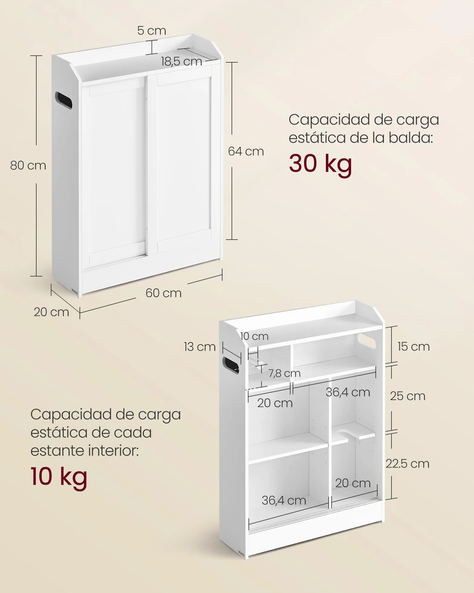 VASAGLE Armario de Baño, Ahorra Espacio, Compartimento Papel Higiénico y Escobilla, Puertas Correderas, Estantes Ajustables, Lado Inodoro, 20 x 60 x 80 cm, Blanco Nube BBC752W01