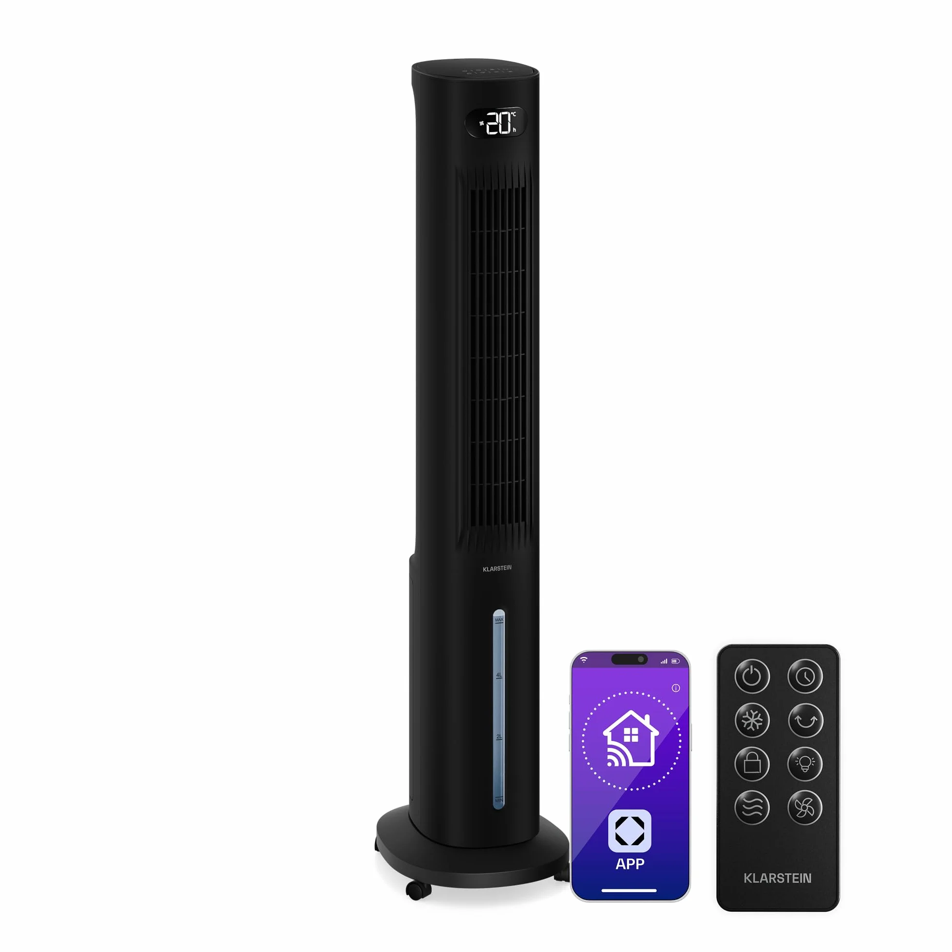 KLARSTEIN Climatizador Evaporativo, Ventilador con Agua 5L, Control Remoto/App, Ionizador, Temporizador 24h, Portátil para Hogar & Dormitorio, Black
