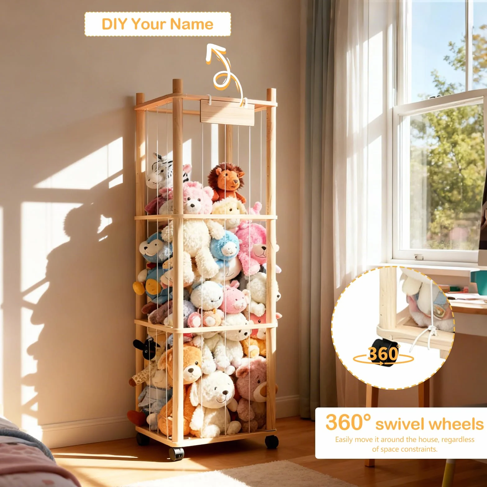 Organizador de Peluches de Madera con Ruedas 360° y Frenos Almacenamiento Juguetes Infantil