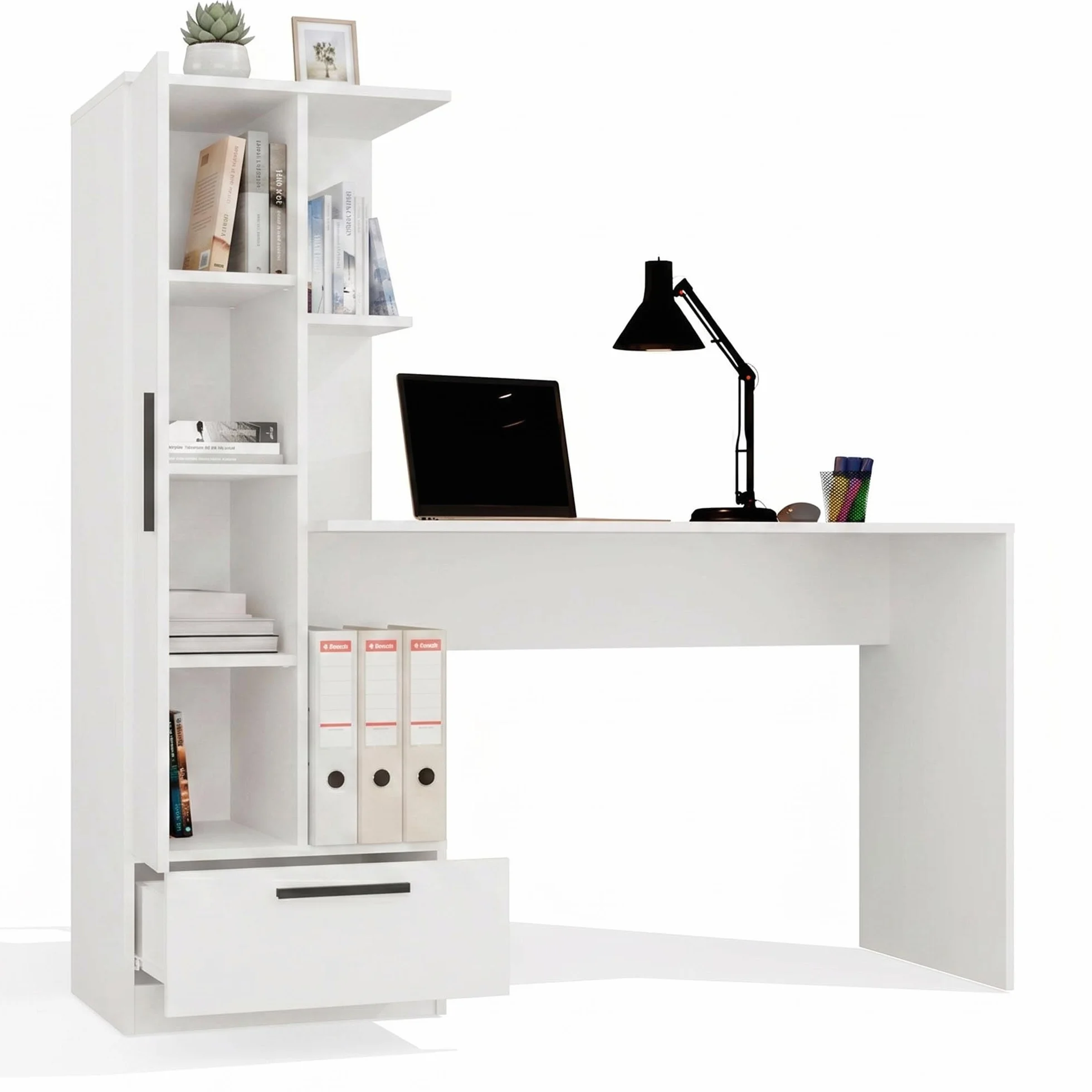 CDF Escritorio con Estantería Cajón 140cm 3 Estantes Gaming Teletrabajo Home Office Escritorio Ordenador Ergonómico Mesa Trabajo Habitación Juvenil Niños Dormitorio Guías Rodillos Blanco Tablero 16mm