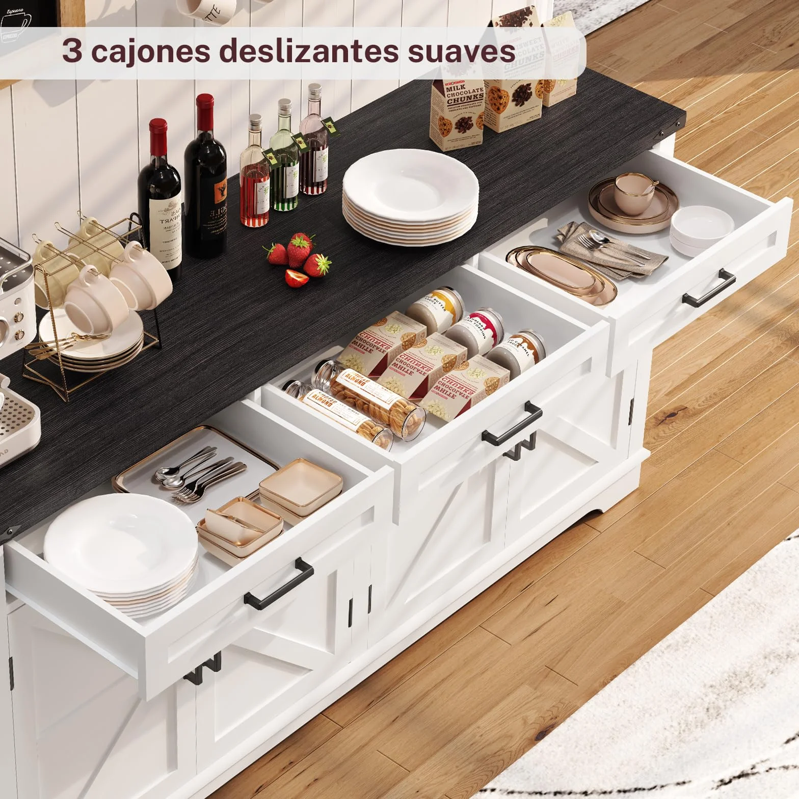 TEENFON 155 cm Aparadores para Salon con 3 Cajones, Aparador Cocina con Estantes Ajustables, Armario Cocin con Encimera para Pasillo Comedor- 155 x 40 x 80 cm - Blanco