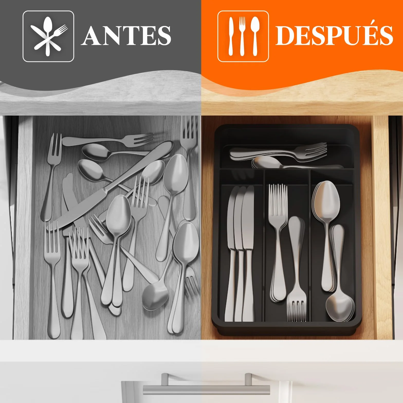 Lifewit Bandeja para Cubiertos 4 Compartimentos 19,8x31,5 cm Organizador Cajón Cocina Plástico Negro