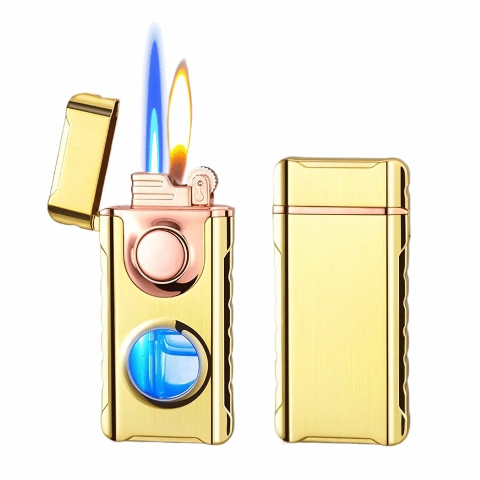 Mechero de metal resistente al viento, linterna doble con llama suave ajustable y chorro, encendedor de butano recargable, ventana de combustible visible para acampar y asar (combustible no incluido)
