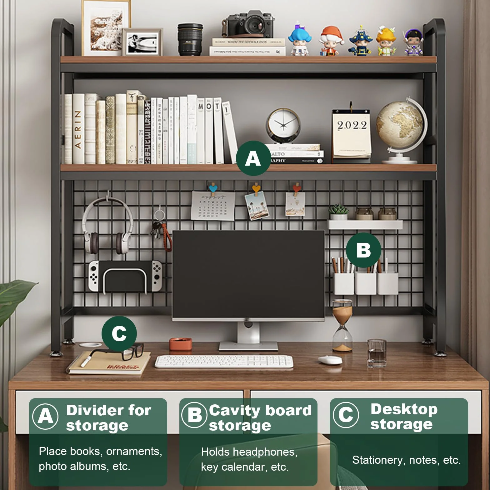 TWSOUL Estantería de escritorio, estantería de escritorio de 2 niveles, de madera y metal, estantería de escritorio para oficina con compartimento de rejilla, para oficina, estudio, dormitorio (altura